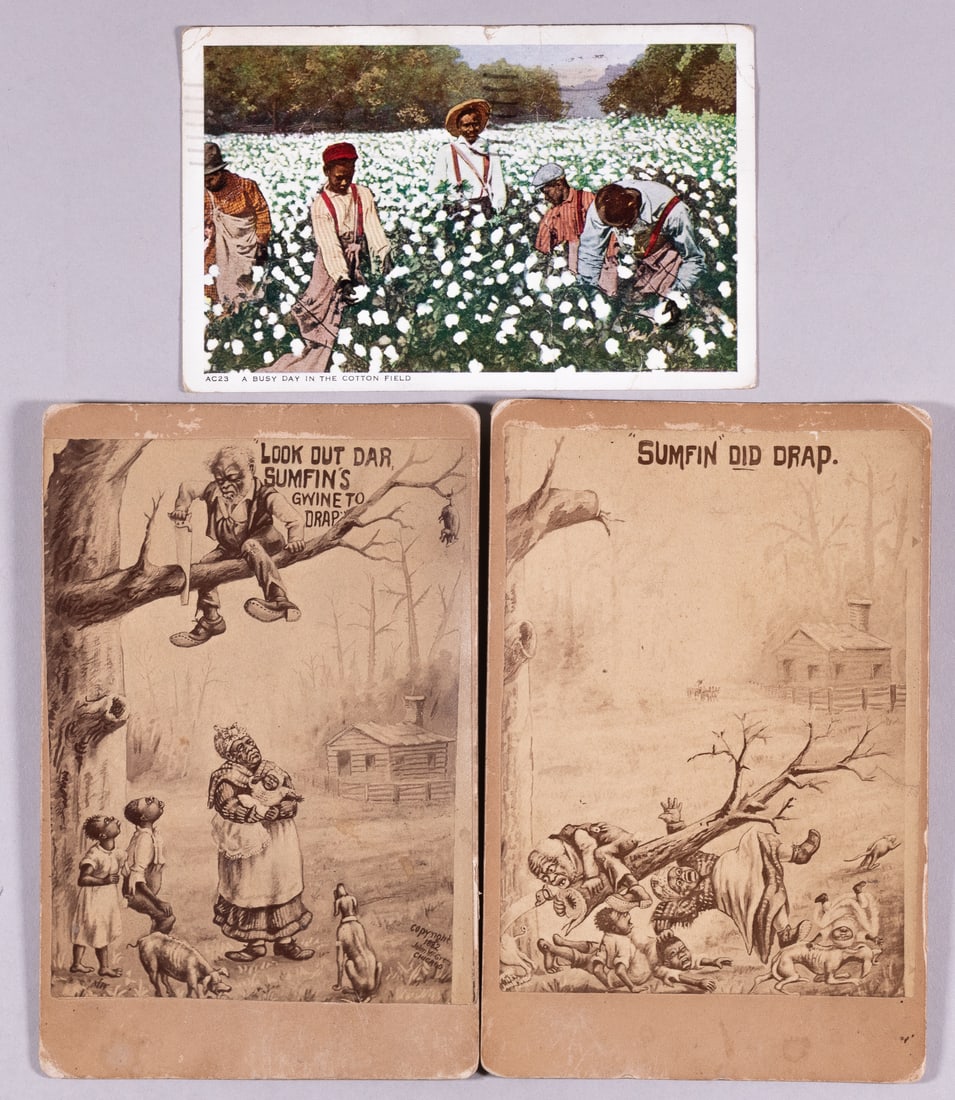 3 BLACK AMERICANA CARDS: Two black Americana cabinet cards, one reads 'Look Out Dar, Sumfin's Gwine to Drap,' marked on the reverse 'McGrees Chicago,' the other reads 'Sumfin Did Drap.' 4.25 x 6.5 inches each. With a black Am
