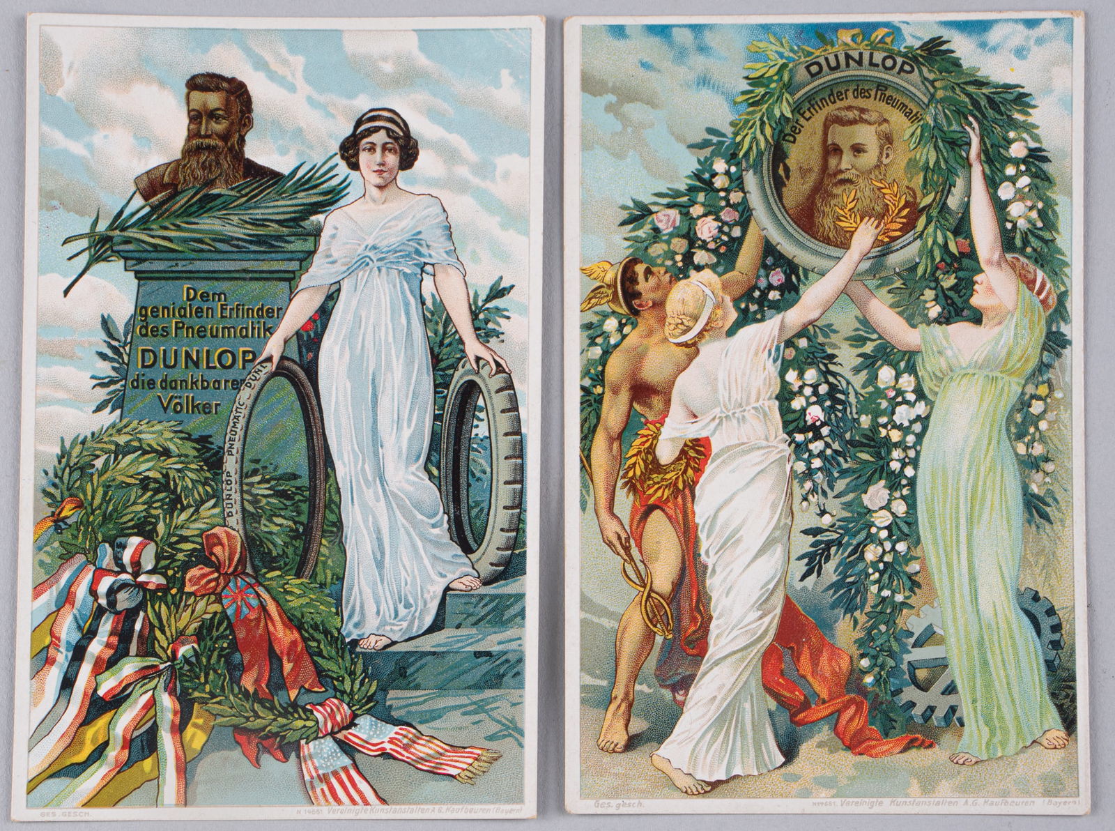 2 VINTAGE DUNLOP PNEUMATIC TIRES POSTCARDS: Two vintage German Dunlop Pneumatic Tires postcards, including one of a woman holding two Dunlop tires next to a statue of Dunlop, Nr. 14661 Vereinigte Kunstanstalten Kaufbeuren, and one of beautiful