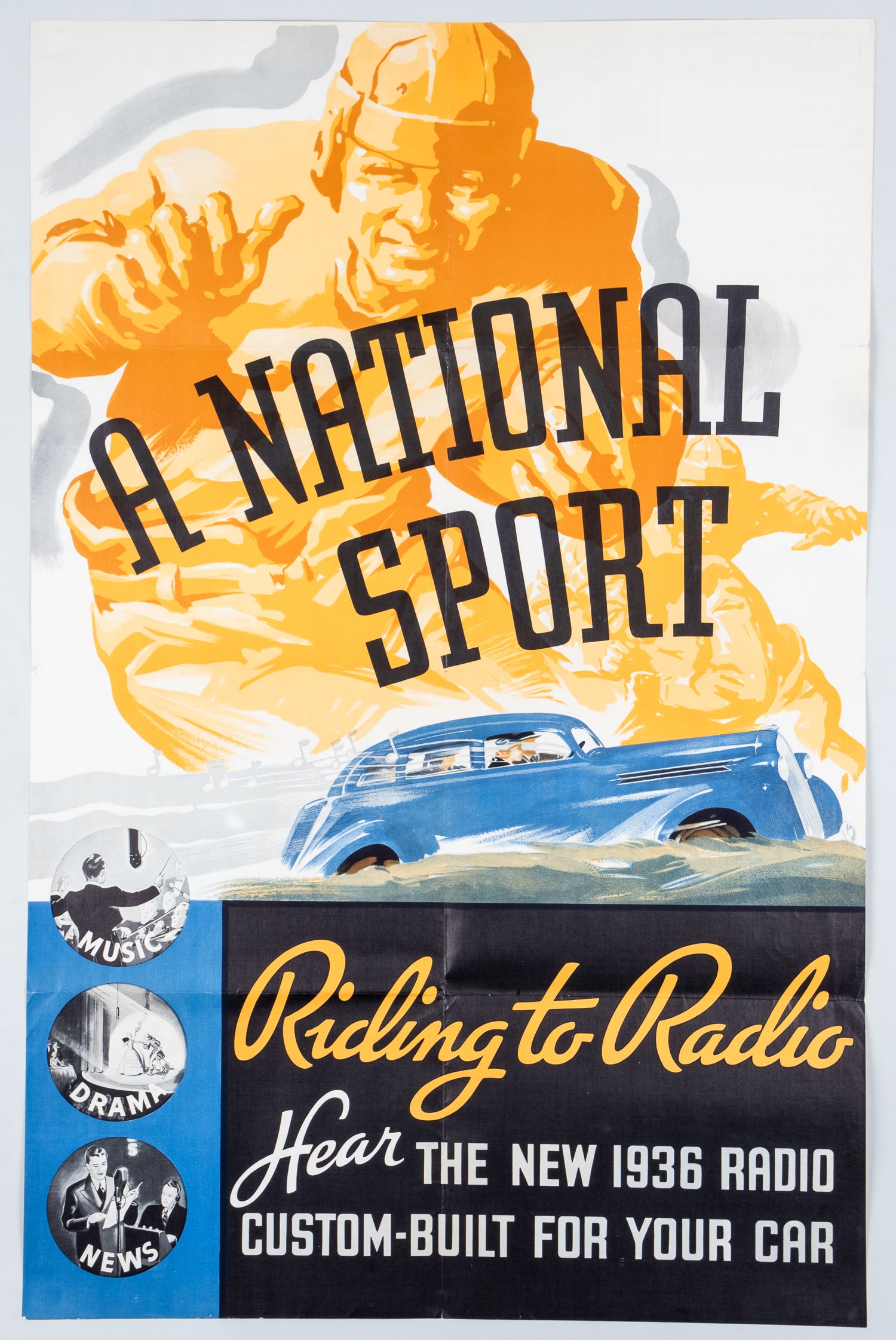 1936 CAR RADIO POSTER - A NATIONAL SPORT - RIDING TO RADIO (1 of 2)