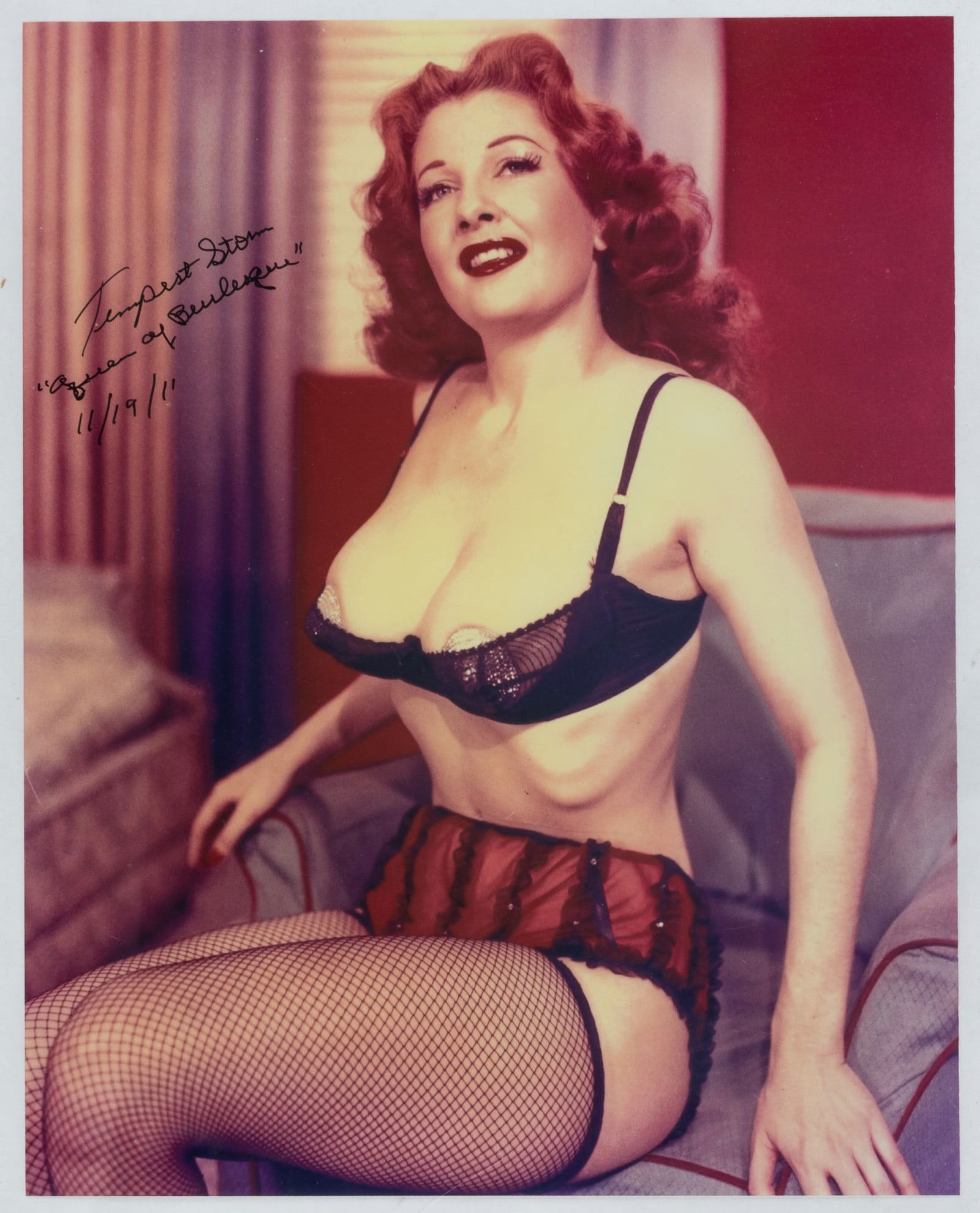 TEMPEST STORM OVERSIZE AUTOGRAPHED PHOTO: (b. 1928) American burlesque star and motion picture actress who was dubbed 'The Queen Of Exotic Dancers.' She was one of the best-known burlesque performers of the 1950s, 1960s, and 1970s. Oversized