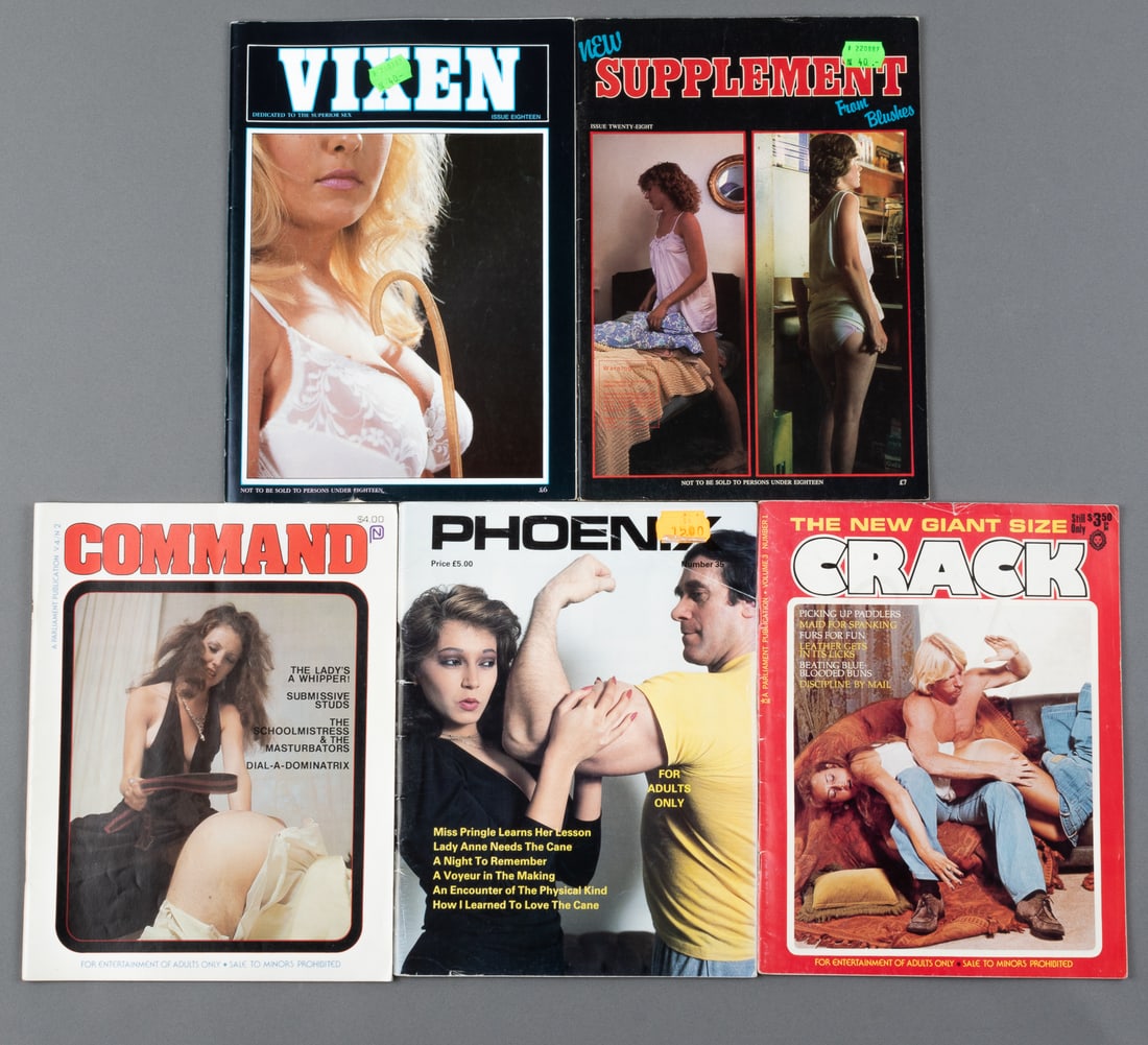 5 VINTAGE X-RATED SPANKING ADULT MAGAZINES: Five vintage fetish spanking magazines, ca. 1970s-1980s, including 'Vixen' issue 18, 'Command' vol. 4, no. 2, 'Crack' vol. 3, no. 1, 'Phoenix' number 35, and 'New Supplement From Blushed' issue 28. Ma