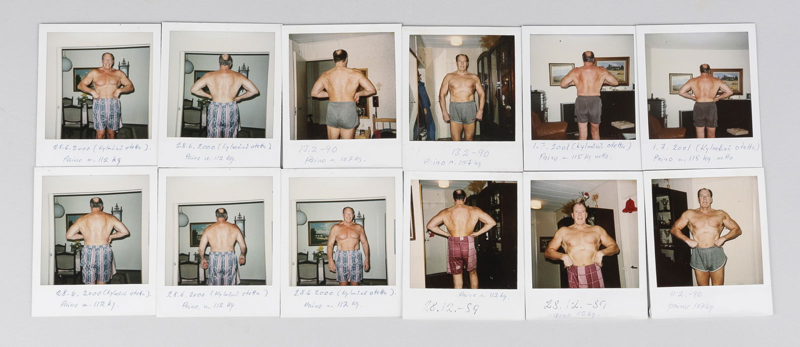 12 POLAROIDS OF A BODY BUILDER GAY INTEREST: Twelve original Polaroids of an amateur bodybuilder, with captions in Finnish at the bottom margins, taken in 2000. Each Polaroid is approximately 3.5 x 4.25 inches. 12 Pieces.
