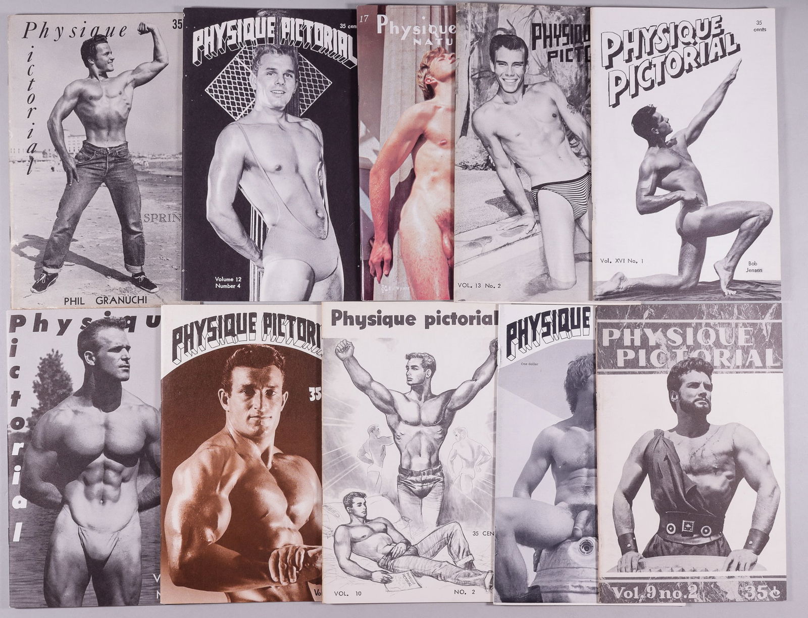 BOB MIZER PHYSIQUE PICTORIAL TOM OF FINLAND: Ten original issues of Bob Mizer's (1922-1992) popular beefcake magazine Physique Pictorial. Includes the following issues: Spring 1956, vol. 6, Summer 1958, vol. 8, Summer 1959, vol. 9, August 1960,
