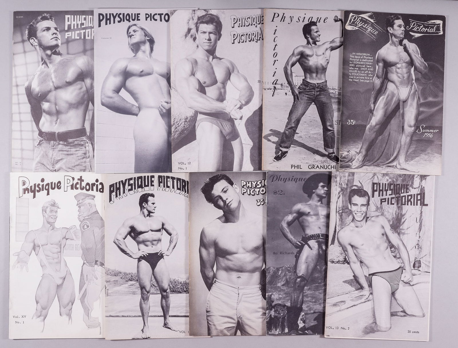 BOB MIZER PHYSIQUE PICTORIAL TOM OF FINLAND (BEEFCAKE): Ten original issues of Bob Mizer's (1922-1992) popular beefcake magazine Physique Pictorial. Includes the following issues: Spring 1956, vol. 6, Summer 1956, vol. 6, July 1962, vol. 12, October 1963,