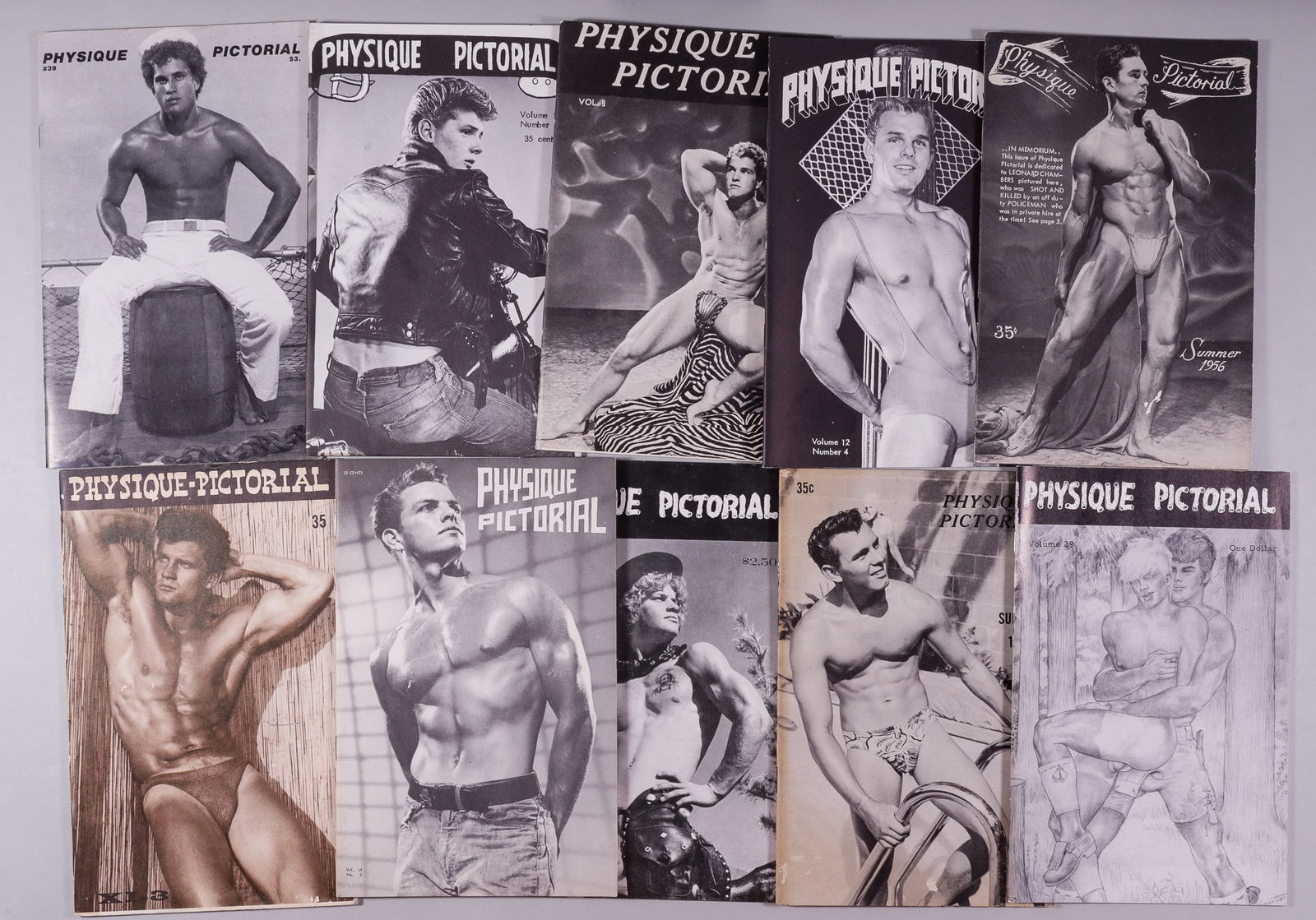 BOB MIZER PHYSIQUE PICTORIAL: Ten original issues of Bob Mizer's (1922-1992) popular beefcake magazine Physique Pictorial. Includes the following issues: Summer 1956, vol. 6, Summer 1957, vol. 7, January 1960, vol. 9, March 1962,
