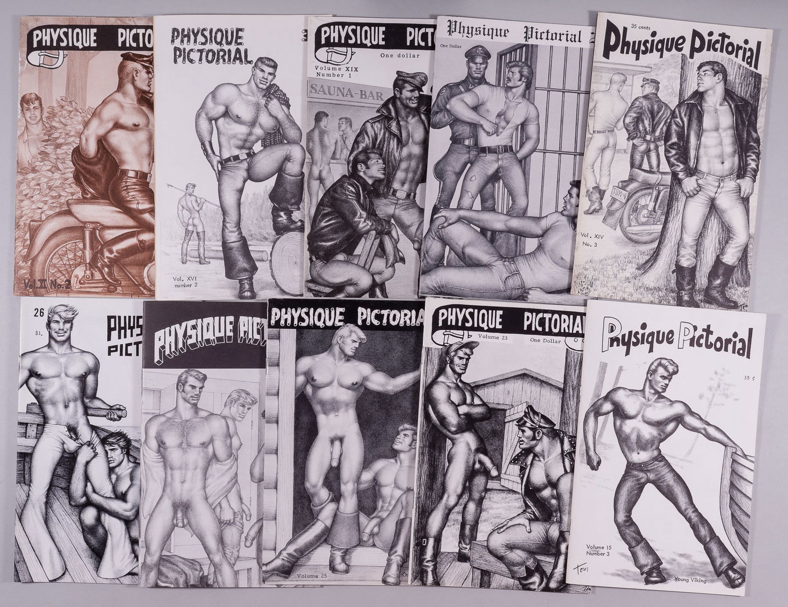 BOB MIZER PHYSIQUE PICTORIAL TOM OF FINLAND (BEEFCAKE): Ten original issues of Bob Mizer's (1922-1992) popular beefcake magazine Physique Pictorial. Includes the following issues: November 1961, vol. 11, February 1965, vol. 14, June 1966, vol. 15, April 19