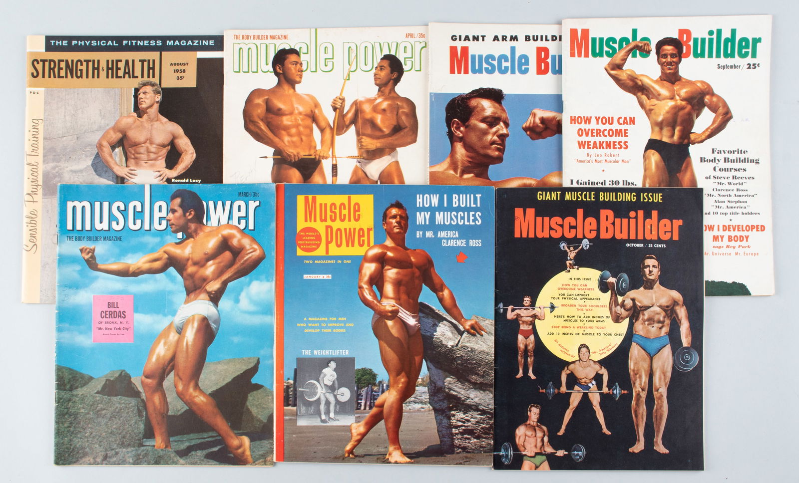 7 MUSCLE BUILDER BEEFCAKE MAGAZINES: Seven vintage muscle-building beefcake magazines, including three issues of Muscle Builder, September, October, and November 1953, three issues of Muscle Power, March and April 1952, January 1954, and