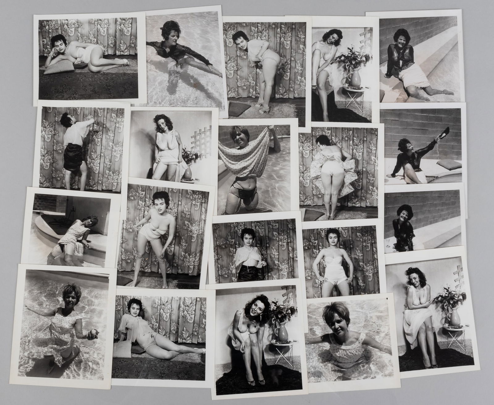 20 VINTAGE STRIP SET NUDE PHOTOGRAPHS: Twenty vintage b/w nude photographs of four different women. 4.25 x 5 inches.