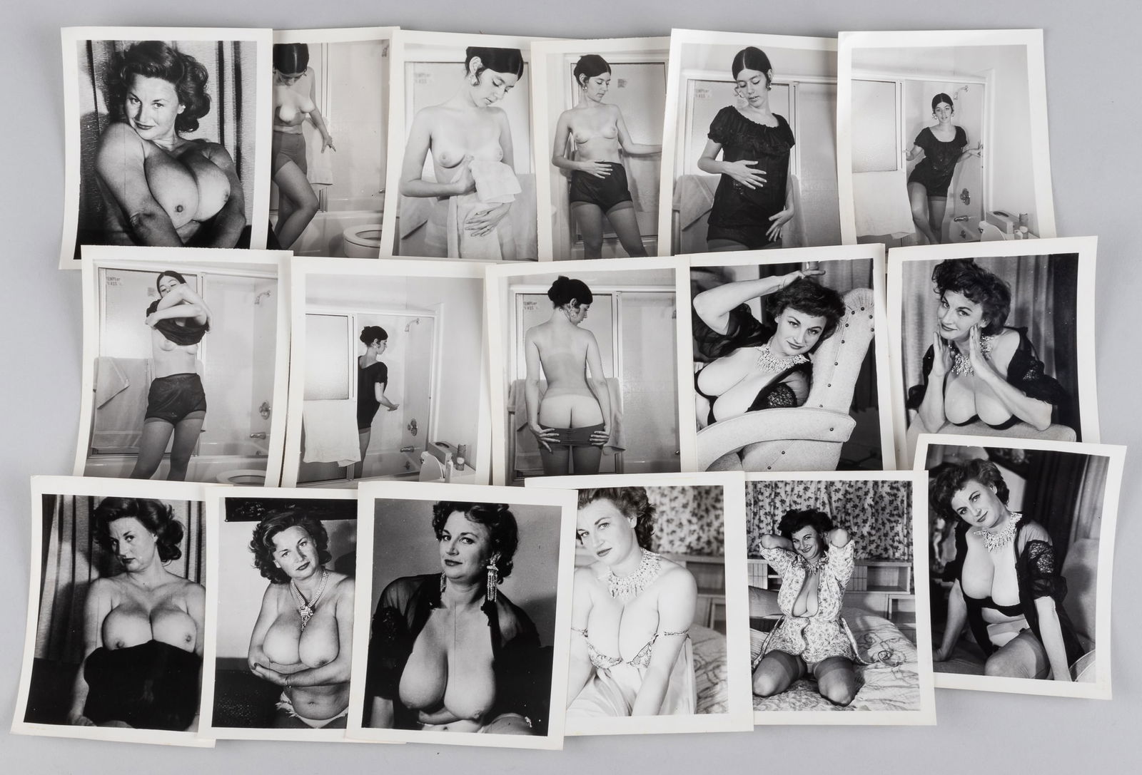 17 VINTAGE STRIP SET NUDE PHOTOGRAPHS: Seventeen vintage b/w nude photographs of two different women. 4.25 x 5 inches.