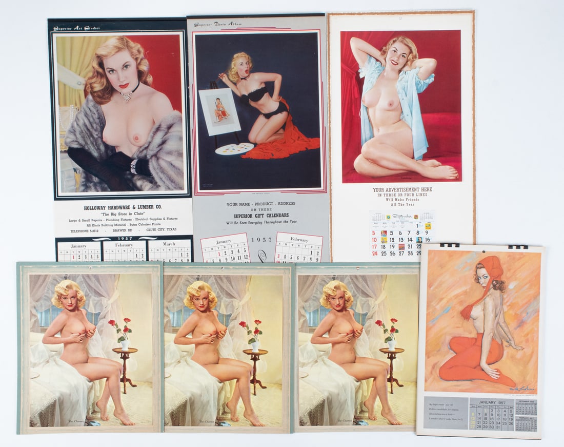 7 VINTAGE 1950S PIN-UP GIRL CALENDARS: Seven vintage 1950s pin-up girl calendars, including a full 1957 calendar with artwork by Mike Ludlow, a 1957 Superior Art Studies calendar, a 1957 Superior Photo Album calendar, a sample calendar pag
