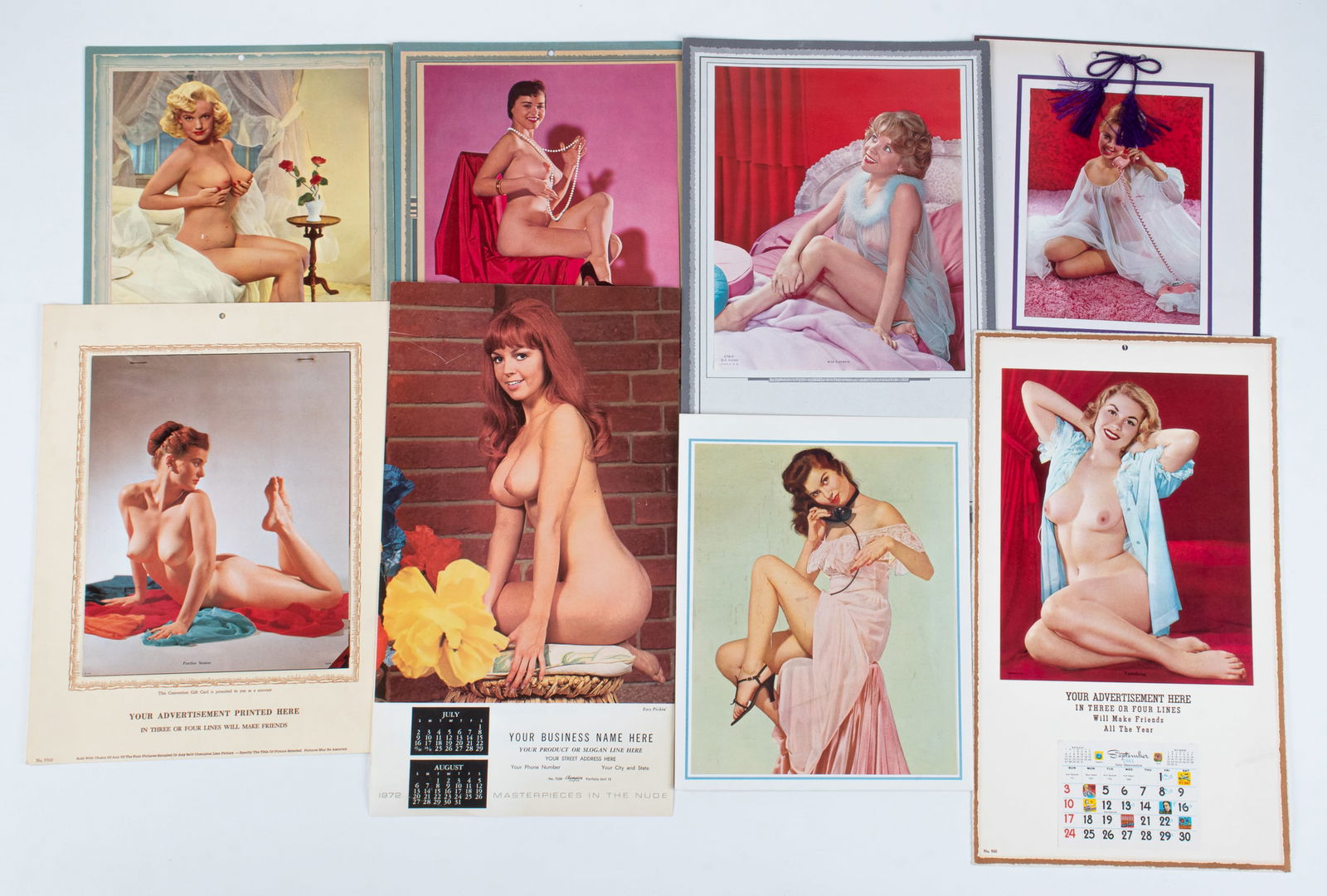 8 VINTAGE PIN-UP GIRL SAMPLE CALENDAR PAGES: Eight vintage pin-up girl sample calendar pages, most advertising custom company calendars, two date-saving pin-up sample pages. The largest is 16.75 x 9.75 inches.