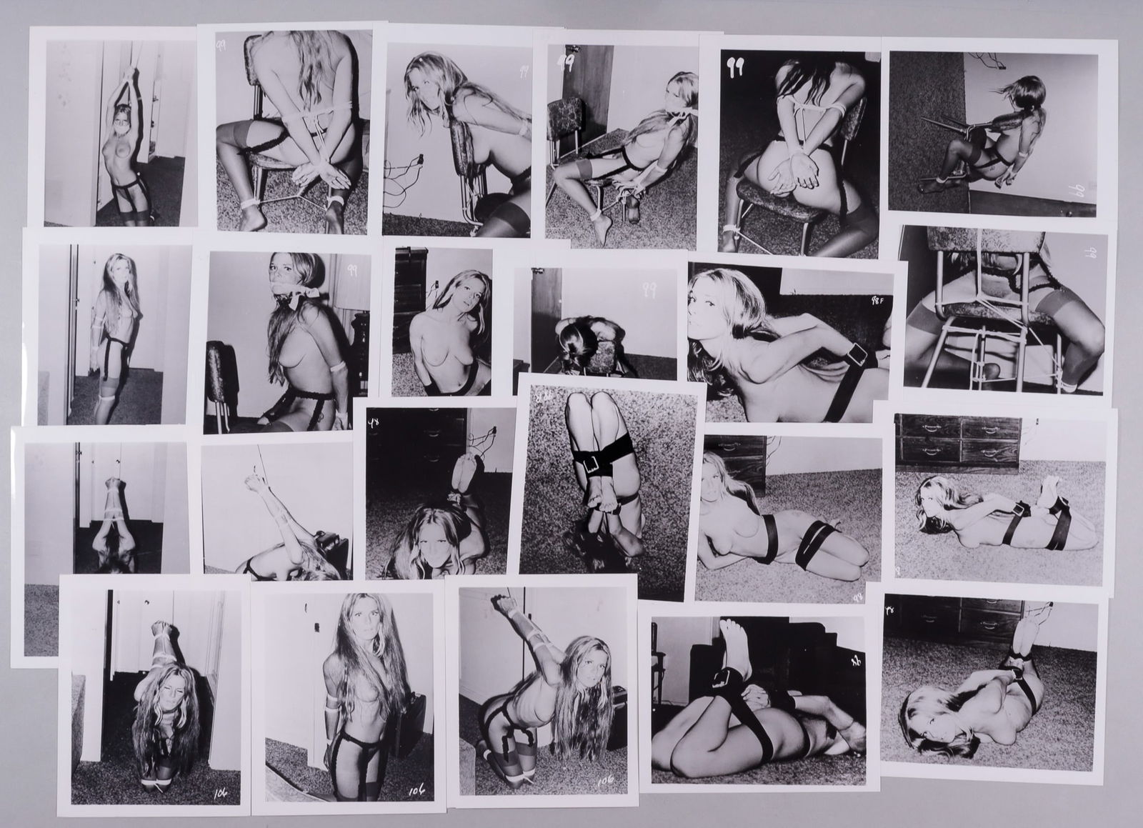 23 VINTAGE BONDAGE EROTICA PHOTOS: Twenty-three vintage black and white bondage erotica photos, ca. 1970s, 4 x 5 inches.