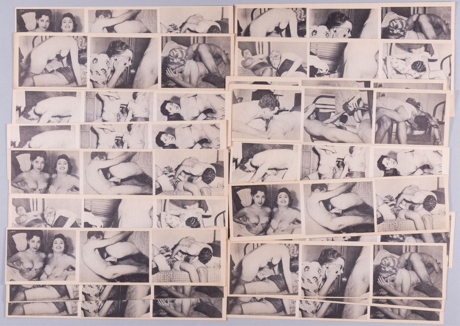 20 ADULT NUDE PHOTO STRIPS: Twenty adult nude b/w photo strips, each double-sided lithographs on cardoard with three photos on each side. Many duplicates. 2 x 8 inches.
