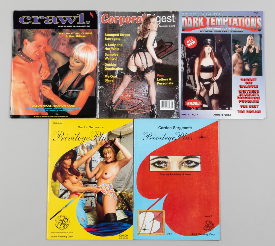 5 VINTAGE X-RATED ADULT FETISH MAGAZINES: Five vintage adult fetish magazines. Two Gordon Sergeant's 'Privilege Plus' issues 5 & 1; 'Corporal Digest' No. 8; Mistress Elizabeth's 'Dark Temptations' Vol. 1 No. 1; 'Crawl' Vol. I No. 10. Approx.