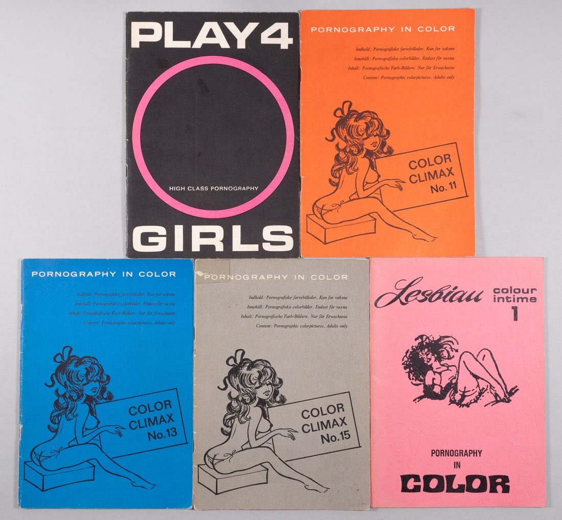 5 VINTAGE ADULT MAGAZINES: Five vintage adult magazines, including: Three issues of Pornography in Color / Color Climax, including issue no.11, no. 13, and no. 15. 'Lesbian Colour intime 1.' 'Play 4 Girls / High Class Pornograp