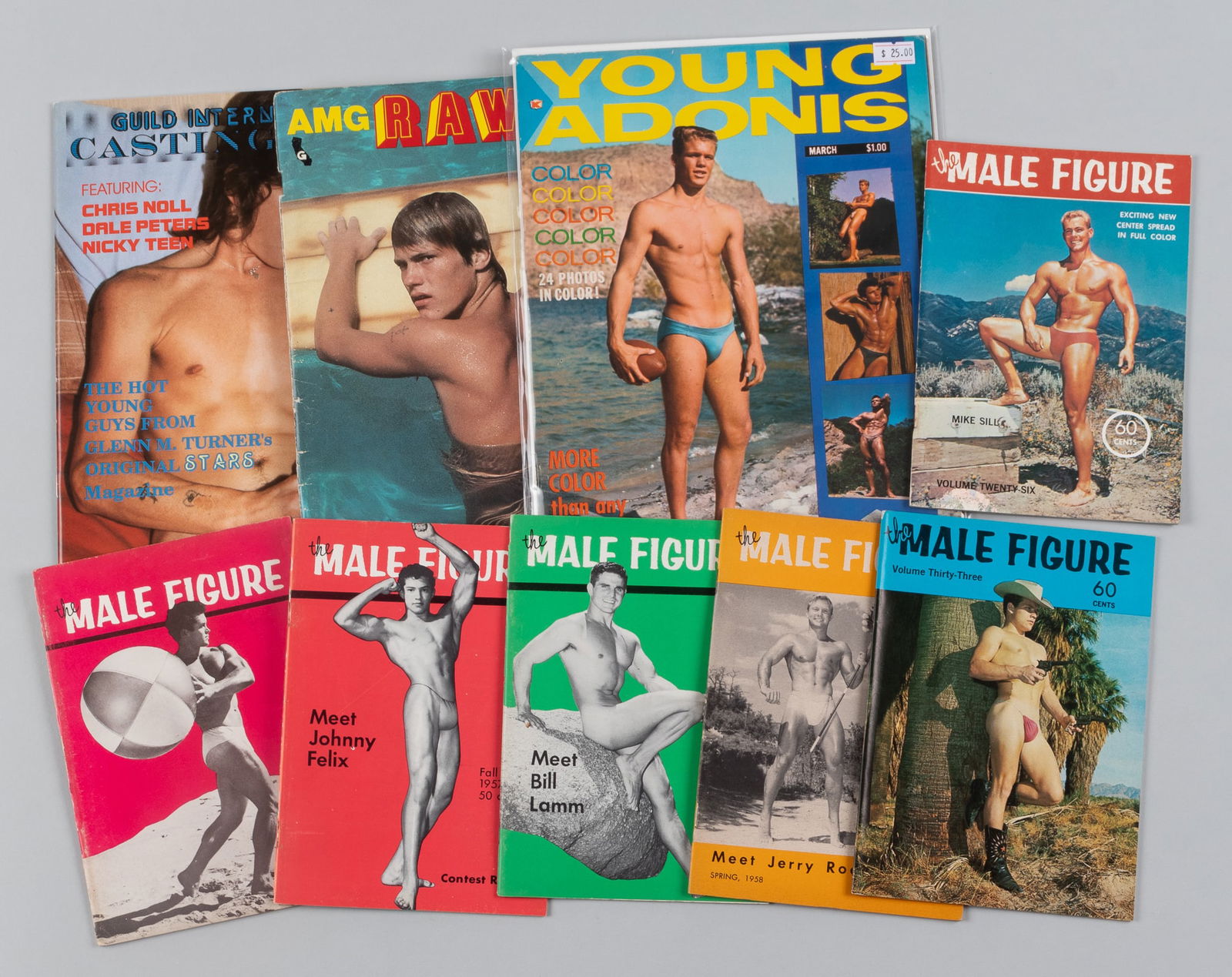 9 VINTAGE ADULT GAY EROTICA MAGAZINES: 9 explicit adult gay erotica magazines, many photographs, 6 copies of The Male Figure, one copy of AMG Raw.