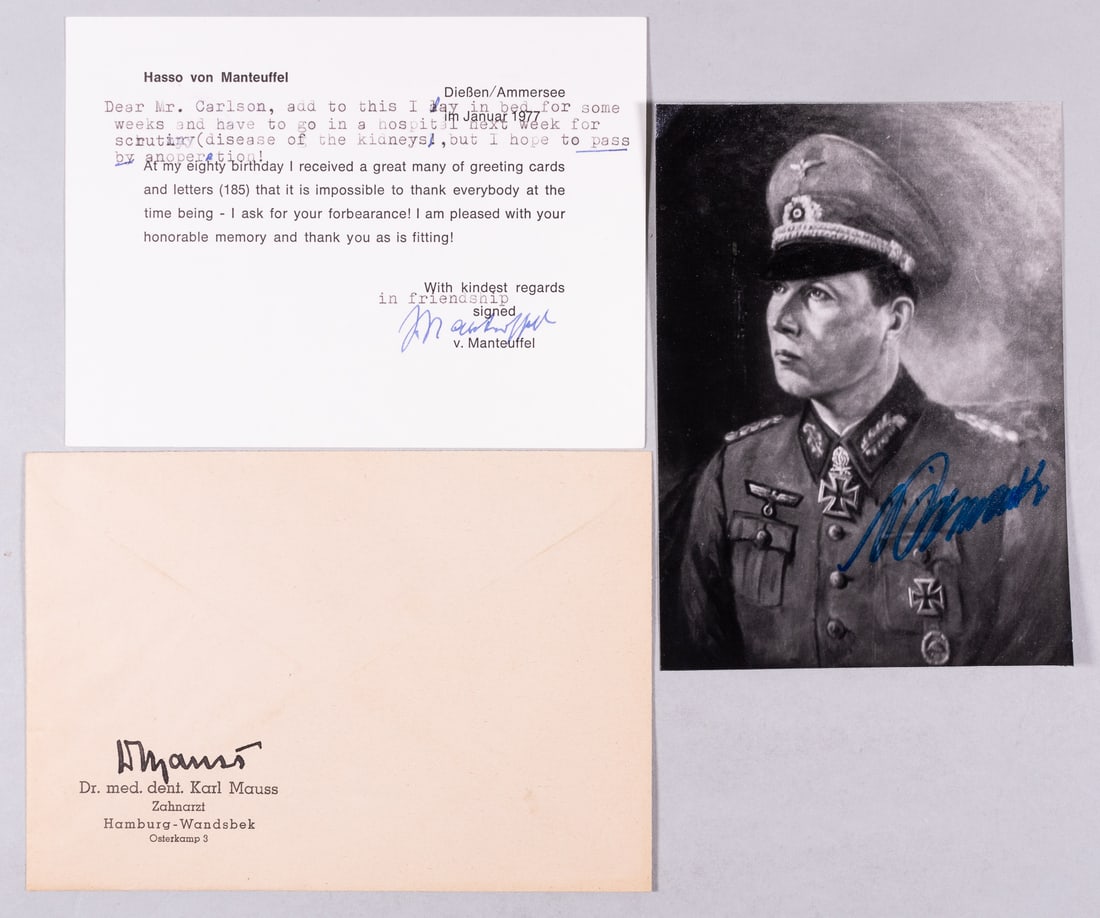 3 KNIGHTS CROSS W/ DIAMONDS RECIPIENT AUTOGRAPHS: Three recipients of the Knight's Cross of the Iron Cross, with Diamonds, autographs. Including signatures from HORST NIEMACK (1909-1992), signed b/w photograph, 4.25 x 5.5 inches; KARL MAUSS (1898-195