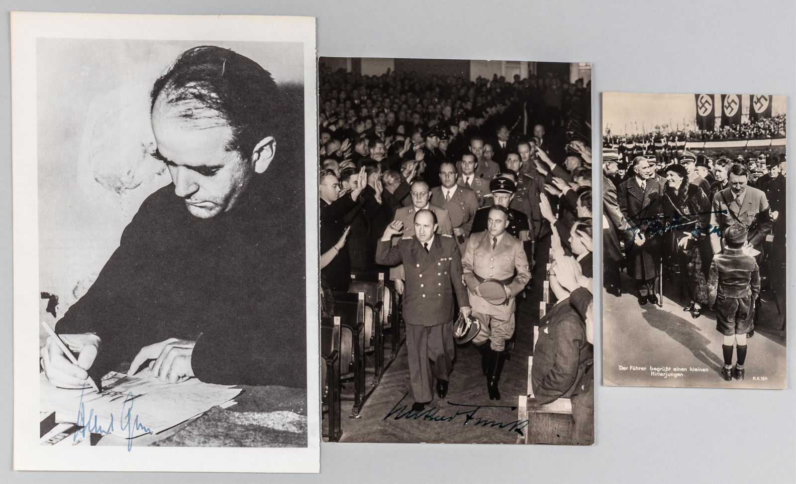 3 NUREMBERG TRIAL DEFENDANT AUTOGRAPHS: Three Nuremberg Trial defendant autographs, including one from ALBERT SPEER (1905-1981), b/w photo of Speer from a magazine, 5.75 x 8.5 inches; FRANZ VON PAPEN (1879-1969), b/w Echte Photograph of