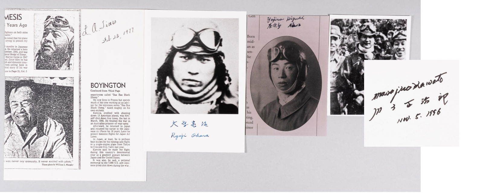 3 WWII JAPANESE ACE AUTOGRAPHS: Three WWII Japanese fighter ace autographs, including from fighter pilot MASAJIRO KAWATO, credited with shooting down Pappy Boyington, 4 x 5-inch b/w photo signed on the reverse in black ink, dated