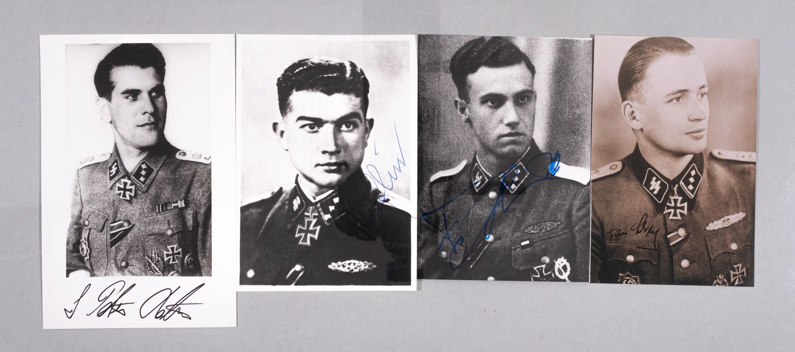 4 WWII WAFFEN SS KNIGHT'S CROSS RECIPIENTS: Four WWII Waffen SS German Knight's Cross recipient autographs, including one from FRITZ RIEFLIN (1920-1996), part of 2. SS-Panzer-Division 'Das Reich,' GUSTAV-PETER REBER (1919-2000), part of