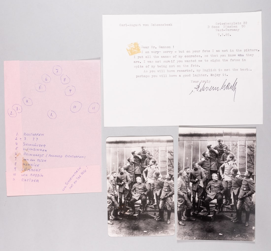 CARL AUGUST VON SCHOENEBECK: (1898-1989) WWI Fighter Ace, part of Jagdstaffel 11 squadron with the Red Baron, credited with 8 aerial victories. Typed letter from Schoenebeck, signed in black ink. Also with two photos of Jagdstaff