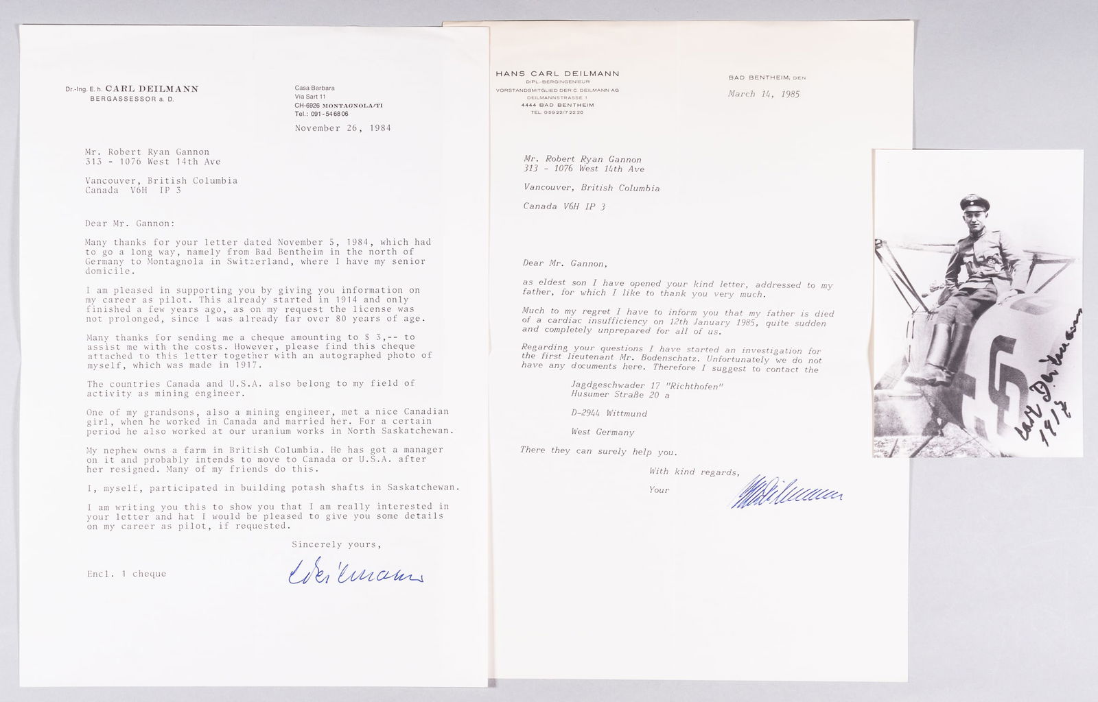 CARL DEILMANN WWI GERMAN ACE: (1894-1985) WWI German Fighter Ace credited with 6 aerial victories, and recipient of the Iron Cross Second Class. Including two typed letters on Deilmann's stationery, signed, dated 1984 and 1985, on