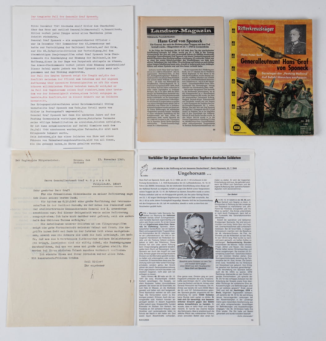 HANS GRAF VON SPONECK SIGNED DOCUMENT: Hans Graf Von Sponeck (1888-1944) Generalleutnant of the Heer, he disobeyed Hitler's direct orders to hold his ground and pilled out of Kerch, for disobeying this direct order, Sponeck was tried in