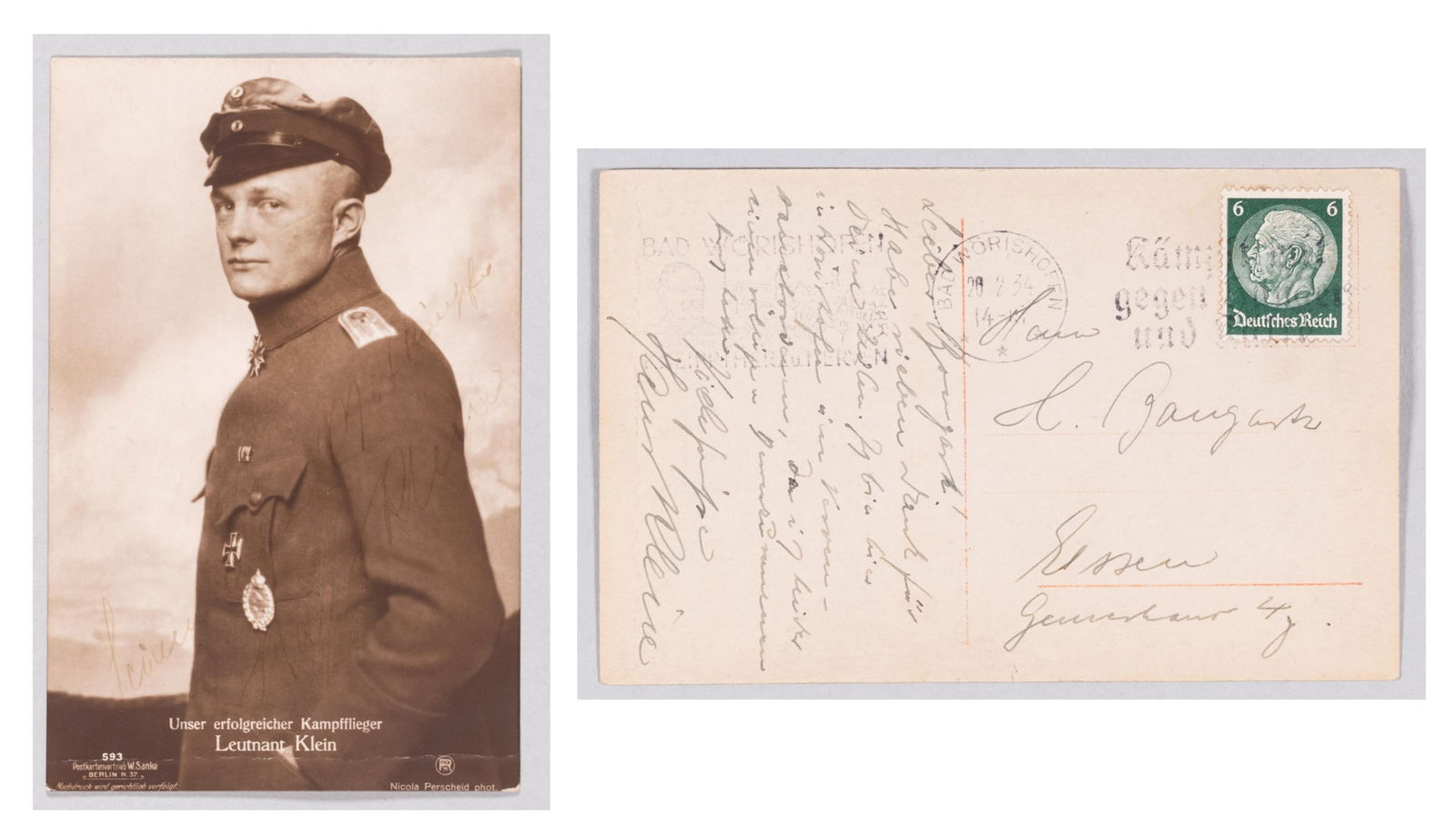 HANS KLEIN WWI GERMAN ACE: (1891-1944) WWI German Fighter Ace, credited with 22 aerial victories and commander of Jagdstaffel 10. In WWII, he was the Geschwaderkommodore of the JG 53 Pik A's. Sanke postcard of Klein sent to his