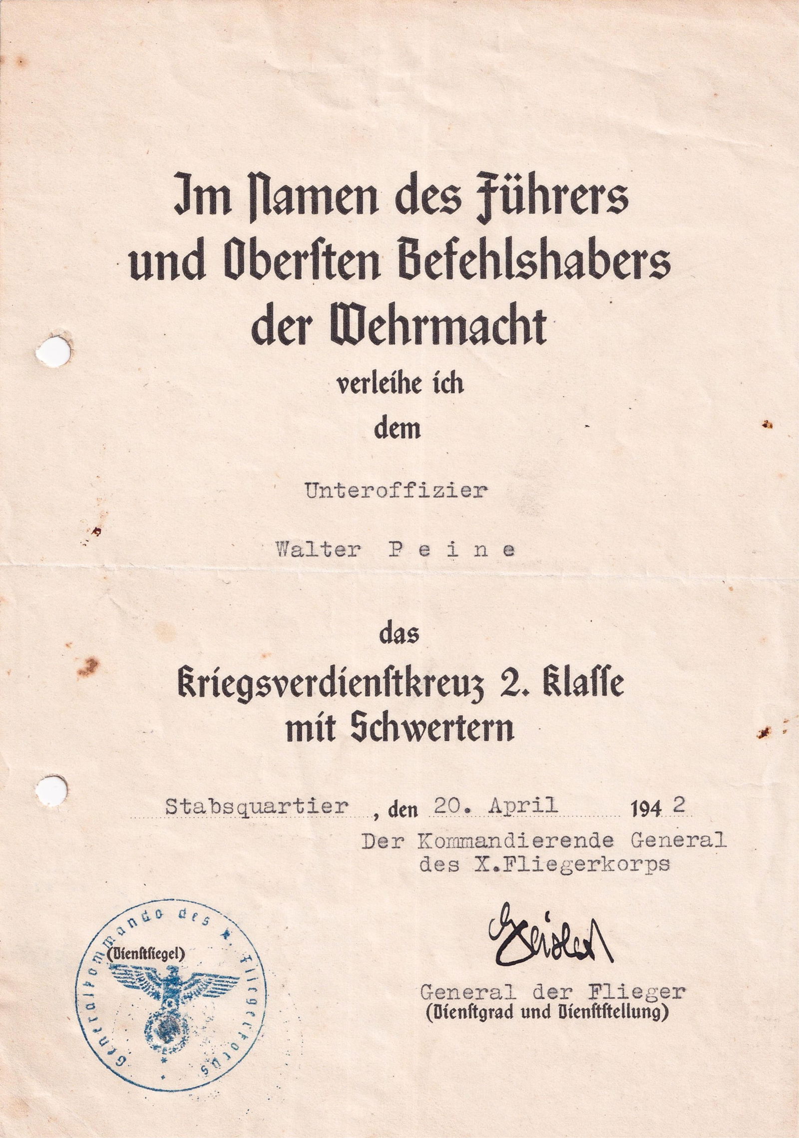 HANS-FERDINAND GEISLER: Hans-Ferdinand Geisler (1891-1966), Luftwaffe General der Flieger, recipient of the Knight's Cross of the Iron Cross, and commander of Fliegerkorps X from October 1939 to August 1942. Signed award