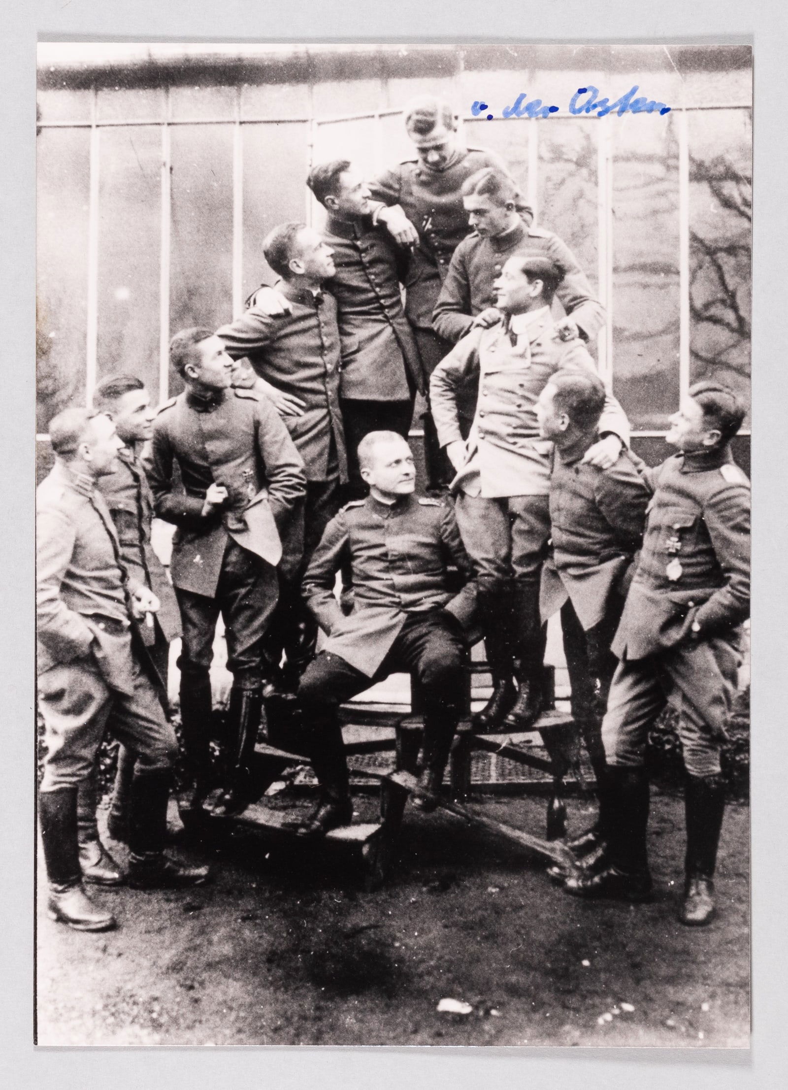 HANS-GEORG VON DER OSTEN: (1895-1987) WWI German fighting ace, credited with five aerial victories, eventually rising the ranks to command all Luftwaffe bases in Germany during WWII. Black and white photo of Jagdstaffel 11,