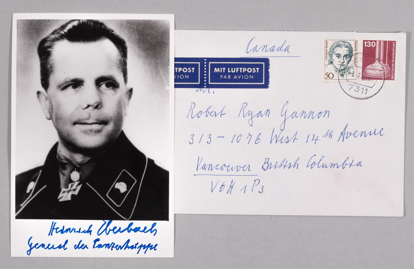HEINRICH EBERBACH: (1895-1992) General der Panzertruppe, participated in the invasion of Poland, fought in Russia and Normandy. Recipient of the Knight's Cross with Oak Leaves. Signed b/w photograph of Spaete in his