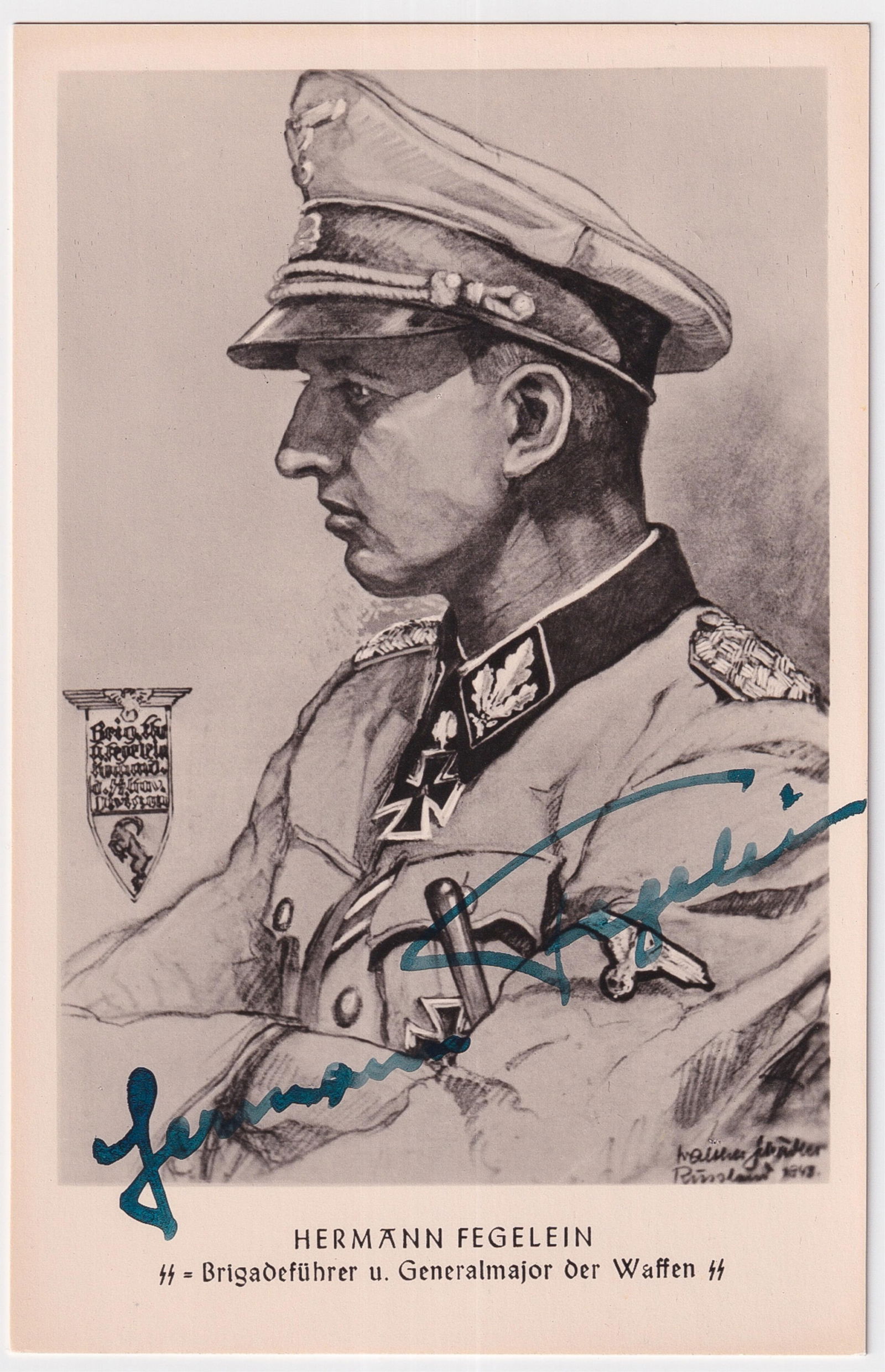 HERMANN FEGELEIN: (1906-1945) high-ranking commander in the Waffen-SS and almost brother-in-law to Adolf Hitler via marriage. In September 1939, after the invasion of Poland, Fegelein commanded the SS Totenkopf Reiters