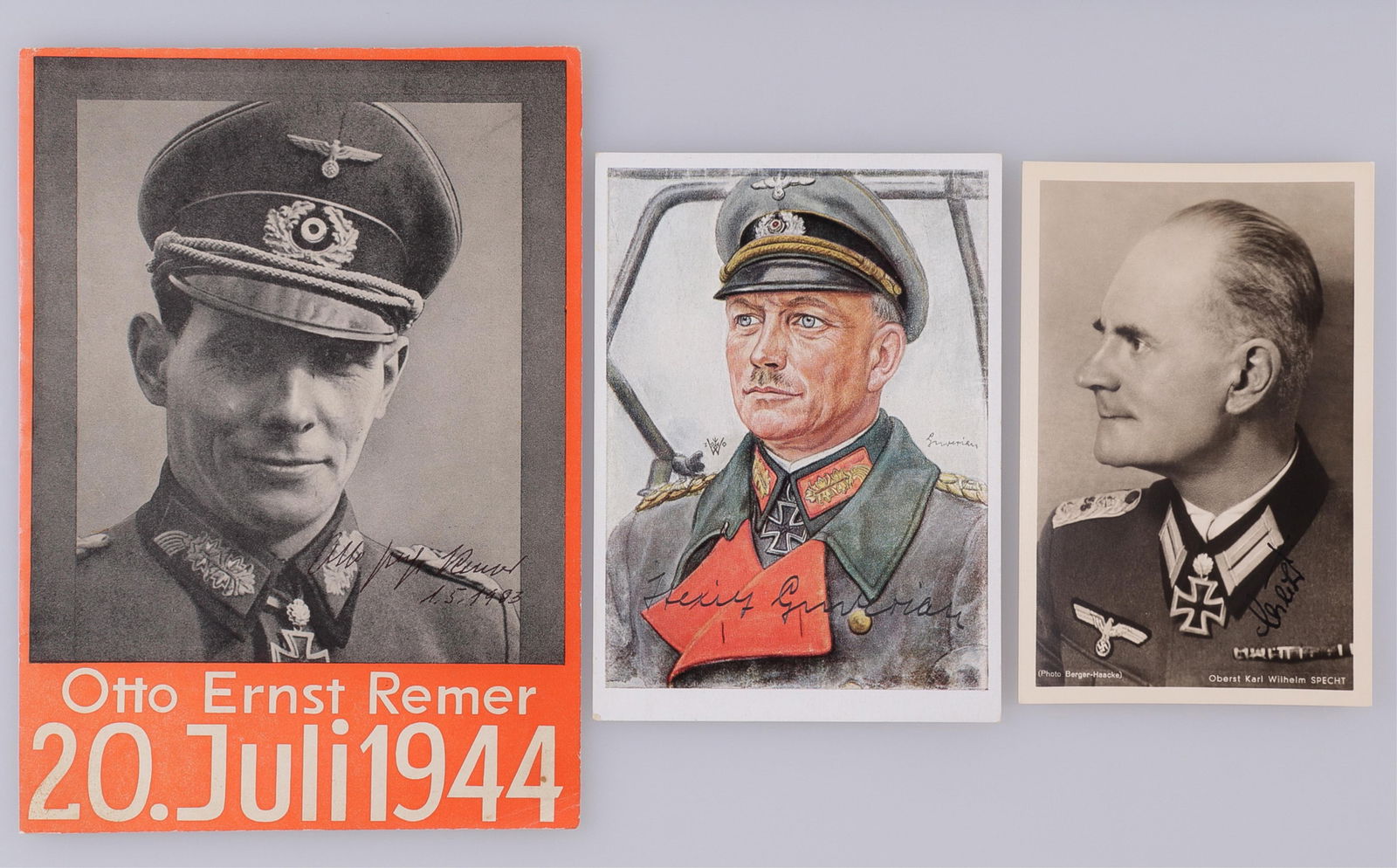 HITLER JULY 20TH ASSASSINATION PLOT AUTOGRAPHS: Three autographs from Nazi officials involved in the July 20th Plot to assassinate Hitler. HEINZ GUDERIAN (1888-1954) Chief of the General Staff of the Army High Command, served on the Court of Milita