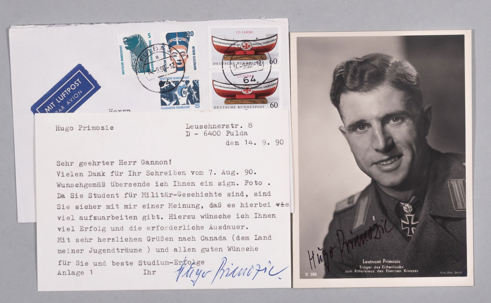 HUGO PRIMOZIC: (1914-1996) was one of Germany's Sturmgeschutze aces during WWII, a recipient of the Knight's Cross of the Iron Cross with Oak Leaves, and the General Assault Badge. Black and white photo of Primozic