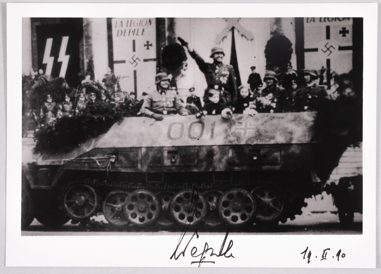 LEON DEGRELLE: (1906-1994) Belgian politician, SS-Standartenfuhrer, political leader of the Walloon Legion, and recipient of the Knight's Cross of the Iron Cross with Oak Leaves. Black and white photograph of