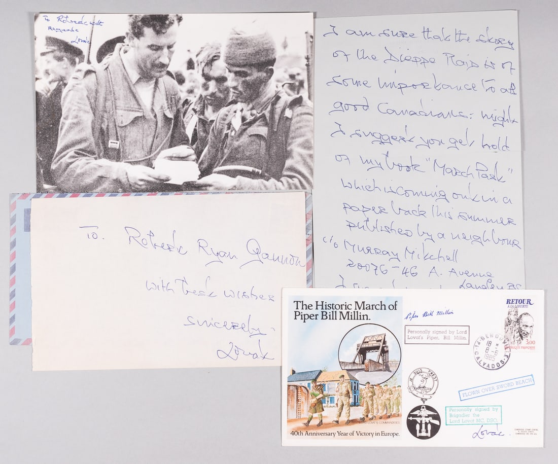 LORD SIMON LOVAT - 3 AUTOGRAPHS: (1911-1995) British Commander of D-Day Troops in Normandy, 15th Lord Lovat, and 4th Baron Lovat. Three autographs from Lovat, including a 5.25 x 8-inch b/w photo signed in blue ink, a thank you sheet