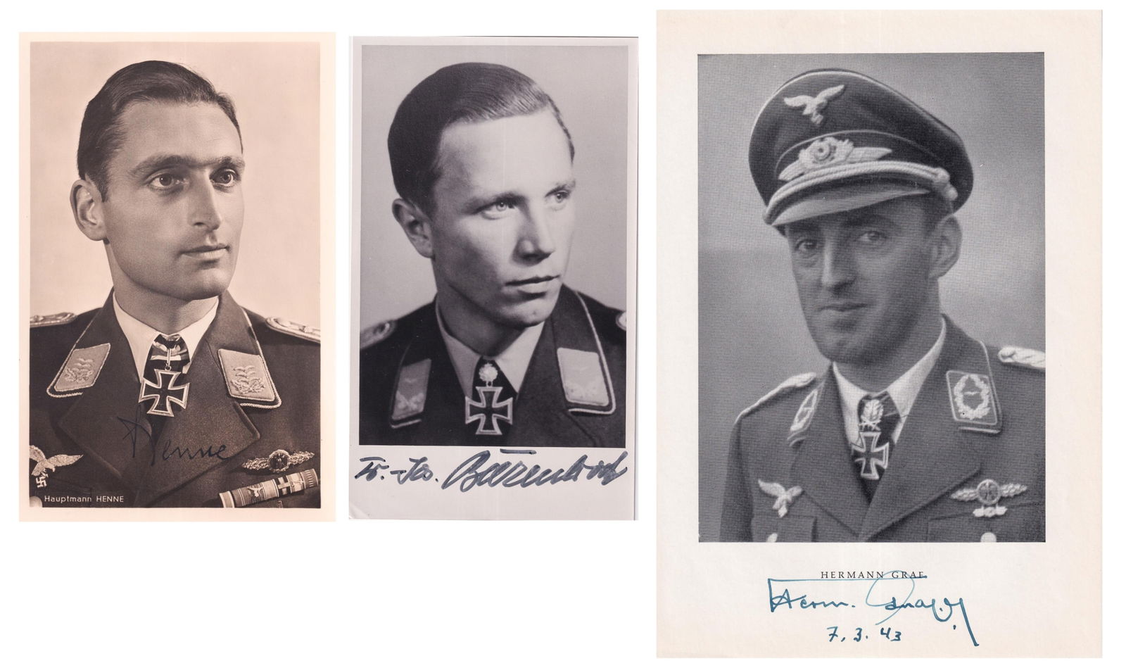 LUFTWAFFE KNIGHT'S CROSS WINNERS AND ACES: Three autographs by Luftwaffe Aces and Knight's Cross recipients. HERMANN GRAF (1912-1988), Luftwaffe fighter Ace, served on the Eastern and Western Fronts and was the first pilot in aviation history