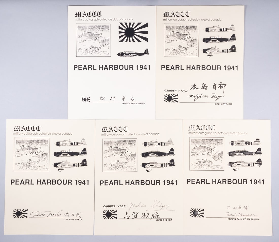 PEARL HARBOR RAID - 5 JAPANESE PILOT AUTOGRAPHS: Five Japanese Pilot autographs, from participants of the Pearl Harbor Raid on December 7th, 1941. Including autographs from HIRATA MATSUMURA, JIRU MOTOJIMA, YOSHIO SHIGA, TAKESHI MAEDA, and ENSIGN