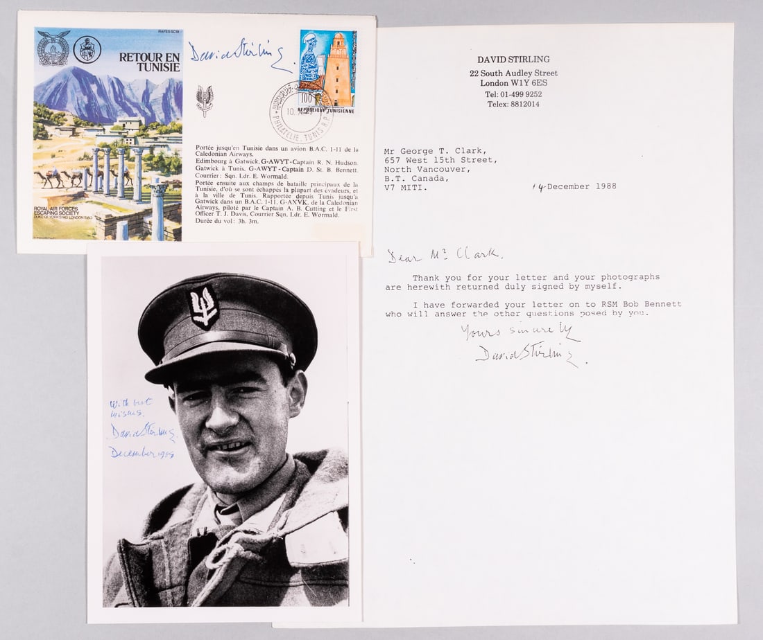 SIR ARCHIBALD DAVID STIRLING: (1915-1990) founder and creator of the Special Air Service, he was captured in January 1943, spending the rest of the war in captivity, despite making several attempts to escape. 5 x 7-inch b/w