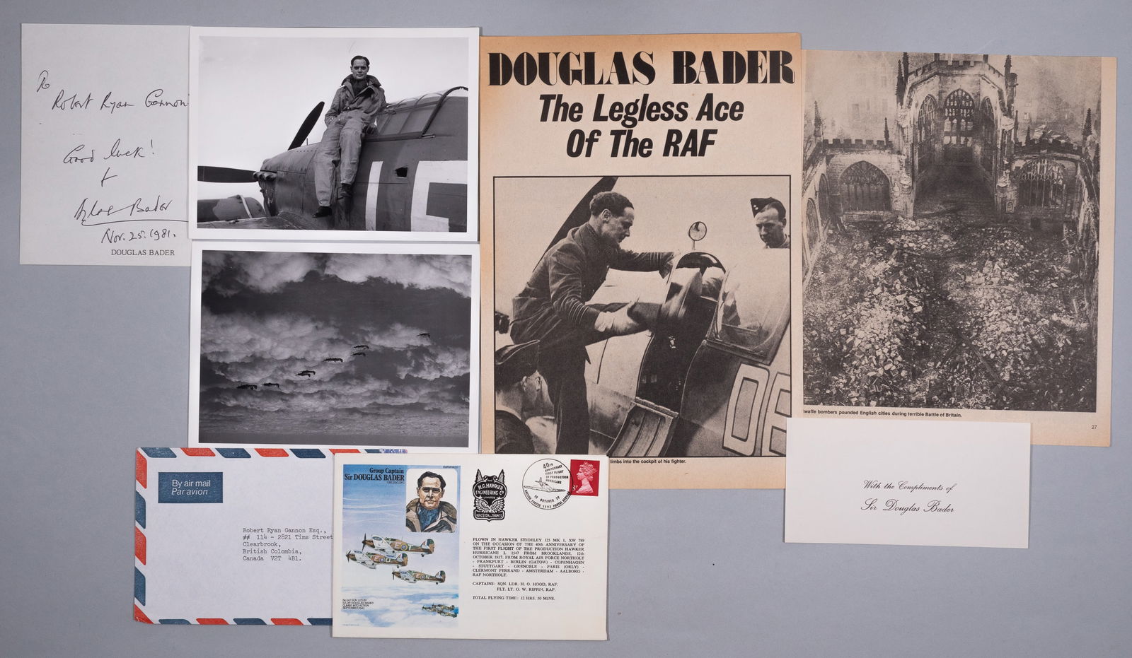 SIR DOUGLAS BADER: (1910-1982) RAF Flying Ace credited with 22 aerial victories, achieved success flying in WWII despite missing the lower portion of both legs from a previous plane accident. Bader was shot down in