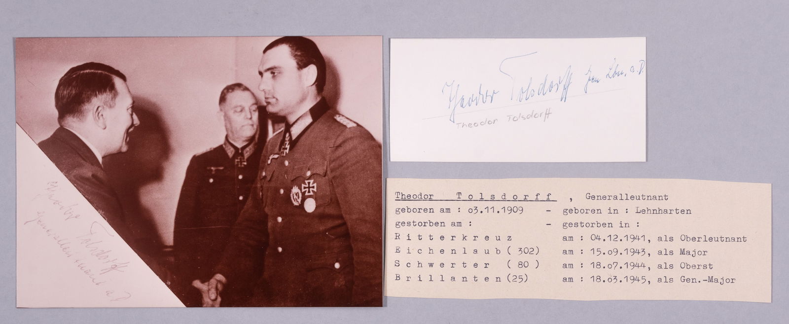 THEODOR TOLSDORFF: (1909-1978) Highly decorated Generalleutnant in the Army who participated in many battles, including the invasion of Poland, the Battle of France, Operation Barbarossa, Operation Bagration, and the