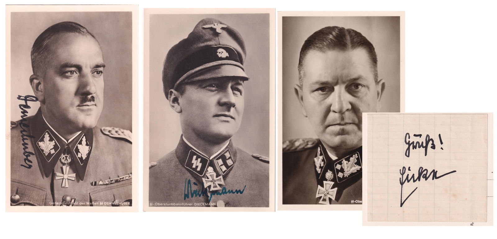 WAFFEN-SS COMMANDER AUTOGRAPHS: Group three Waffen-SS autographs on Hoffmann real photo postcards. THEODOR EICKE (1892-1943) chief of the Inspektion der Konzentrationslager and commander of the SS Division Totenkopf. Hoffmann postca