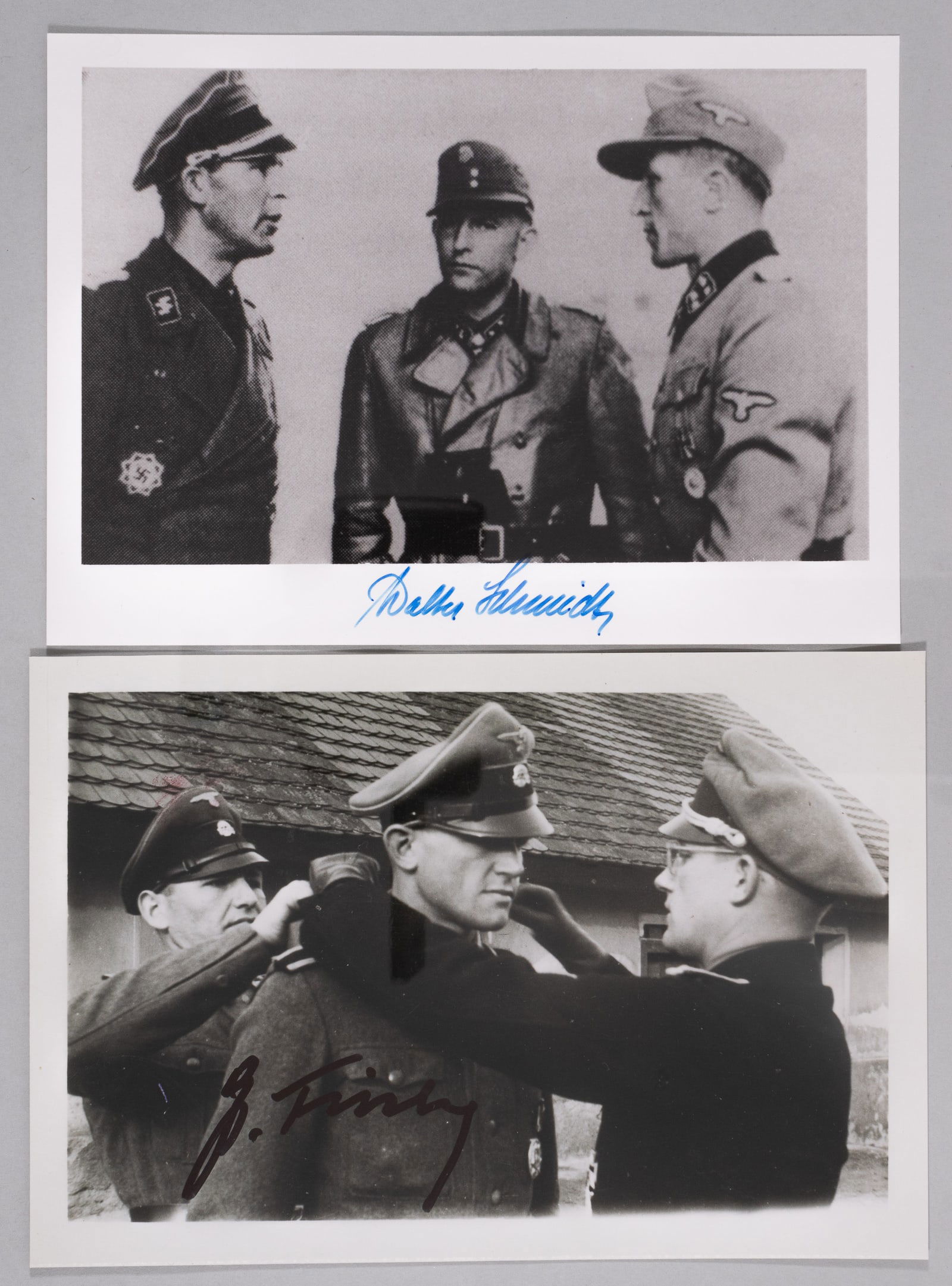 WALTER SCHMIDT - GERHARD FISCHER: Two WWII Waffen SS Knight's Cross recipient autographs, including one from WALTER SCHMIDT (1917-2000) apart of the Wiking Division that took part in Operation Barbarossa, recipient of the Knight's