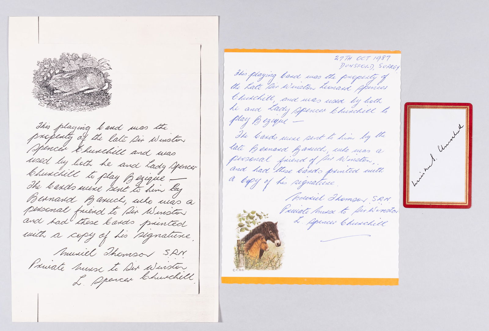 WINSTON CHURCHILL PLAYING CARD: Winston Churchill's personal playing card, with an authentication letter from his nurse, which reads 'This playing card was the property of the late Sir Winston Leonard Spencer Churchill, and was