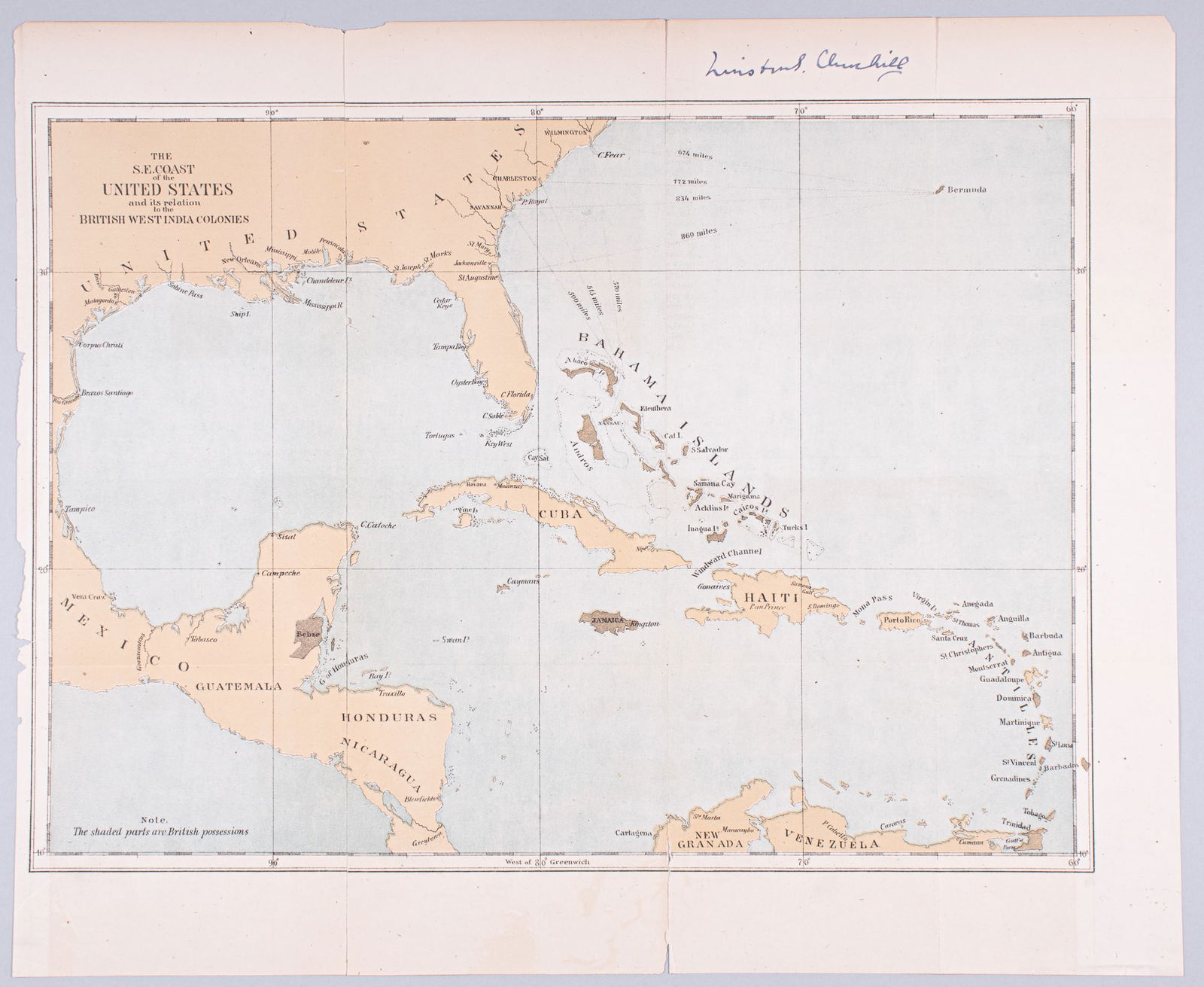 WINSTON CHURCHILL SIGNED MAP OF THE BRITISH WEST INDIES: (1874-1965) Prime Minister of the United Kingdom from 1940 to 1945, during the Second World War, and again from 1951 to 1955. Best known for his wartime leadership as Prime Minister. Signed map of