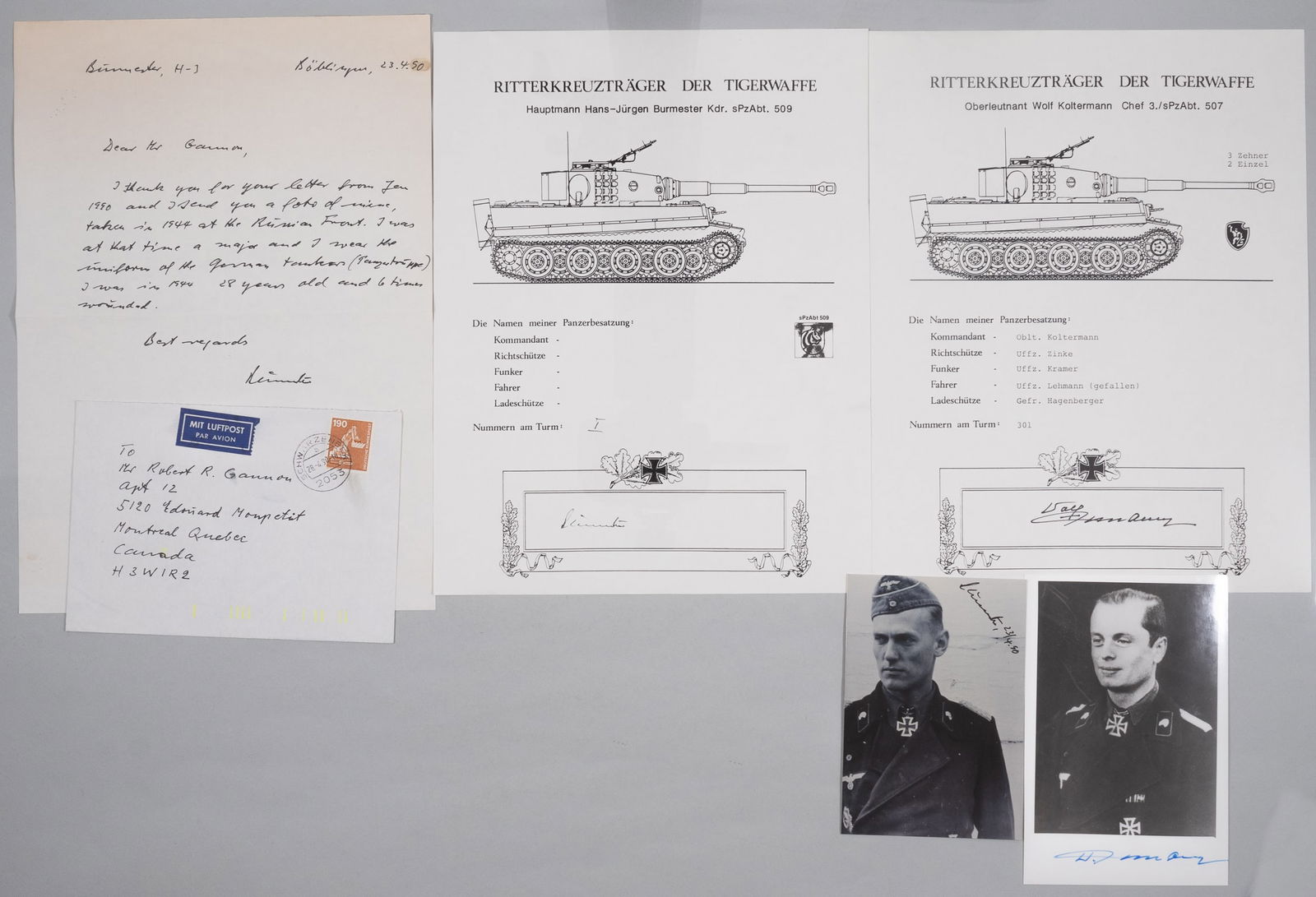 WOLFGANG KOLTERMANN - HANS-JURGEN BURMESTER: Two WWII Panzer Knight's Cross recipients, including HANS-JURGEN BURMESTER (1916-1998) highly decorated Major in WWII, also a recipient of the German Cross in Gold. With a Tiger tank graphic, signed a