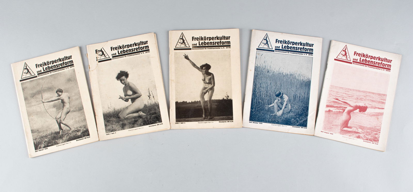GERMAN NUDIST MOVEMENT IN THE 1930S: Five German nudism books promoting the popular nudist and nude physical exercise movement in the 1930s. 'Freikorperkultur und Lebensreform' [Free body culture and life reform] by the Reich