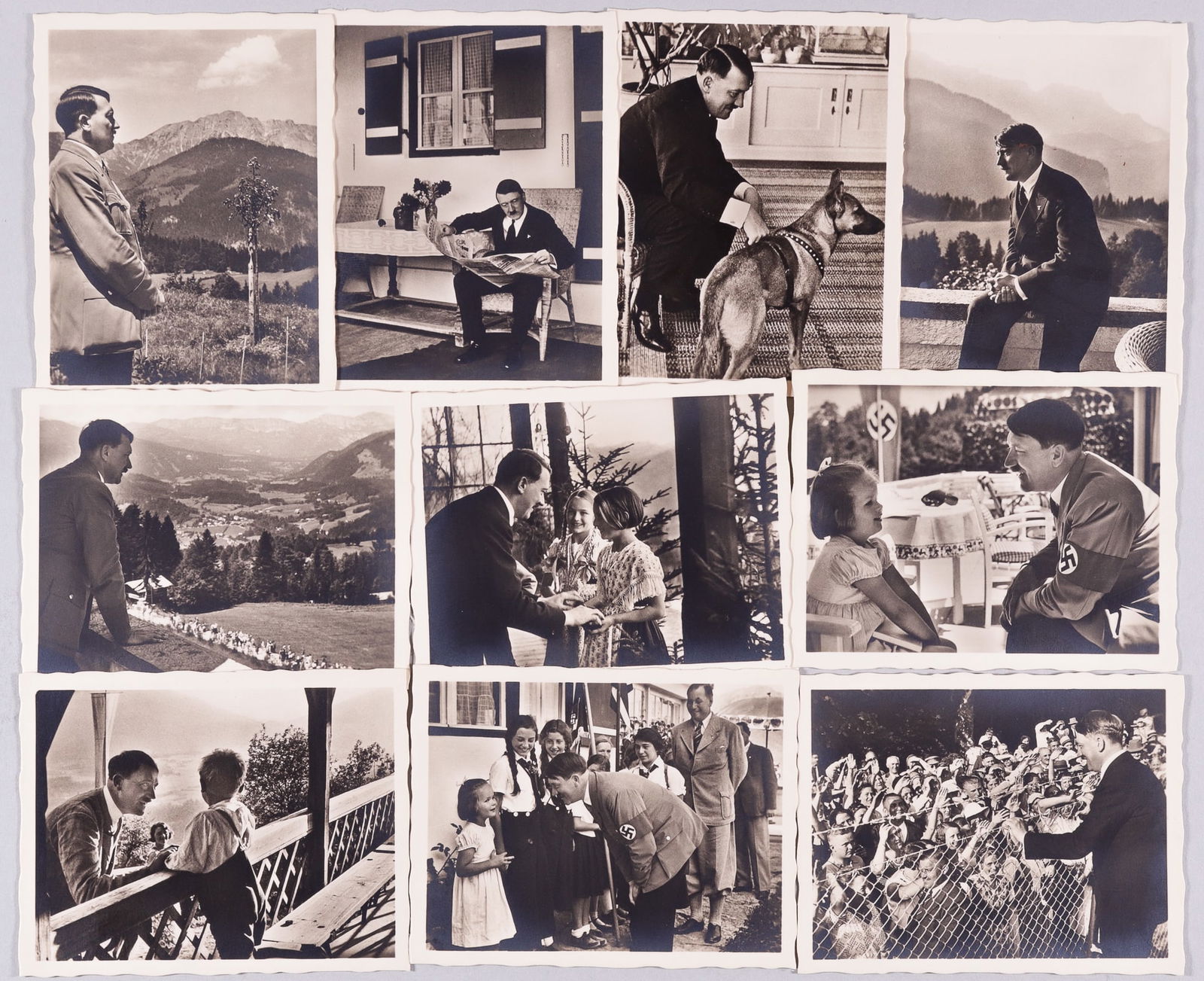 ADOLF HITLER SOUEVENIR PICTURES UNSER FUHRER IN BERCHTEGSDAGEN: WWII German Adolf Hitler souvenir photo set, 'Our leader and his home in Berchtesgaden' [Unser Fuhrer und sein Heim in Berchtesgaden]. 10 original photographs by Heinrich Hoffmann, in a small portfoli