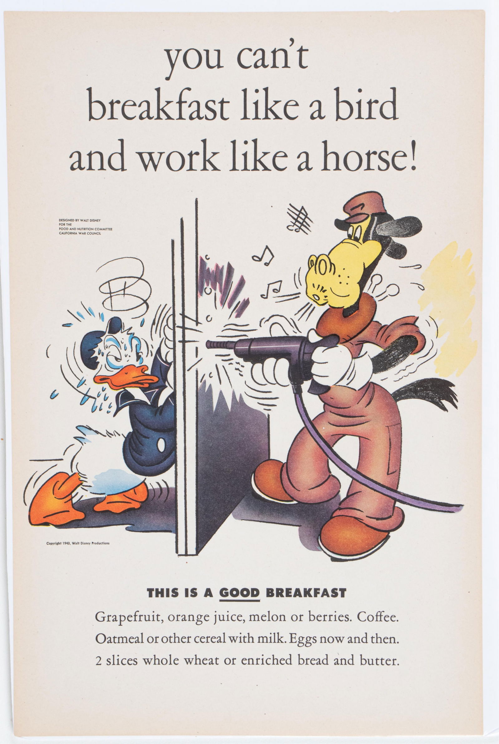 DISNEY GOES TO WAR WWII WALT DISNEY POSTER: Original WWII poster, one in series created by the Walt Disney Studios in 1943 for the Food and Nutrition Committee of the California War Council. This poster features beloved Disney characters