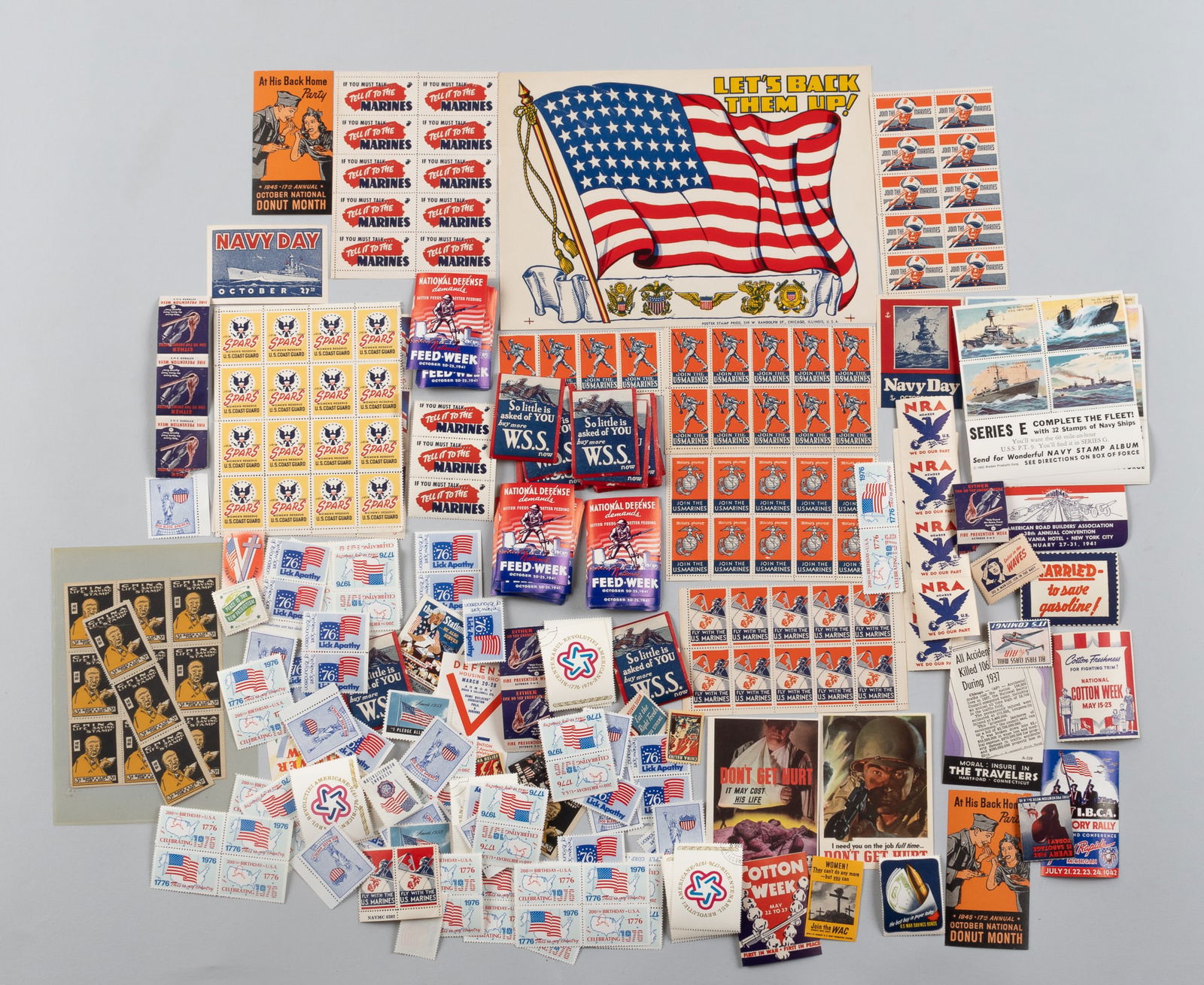 240 AMERICAN PATRIOTIC PROPAGANDA CINDERELLA POSTER STAMPS: Collection of 240 American patriotic propaganda poster stamps/cinderella, including WWII propaganda poster stamps, tri-centennial stamps, and more.